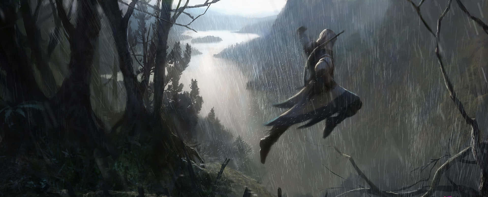 一名戰士穿過雨跳躍，越過山谷，下方有一個湖泊。 — 3440X1440 壁紙