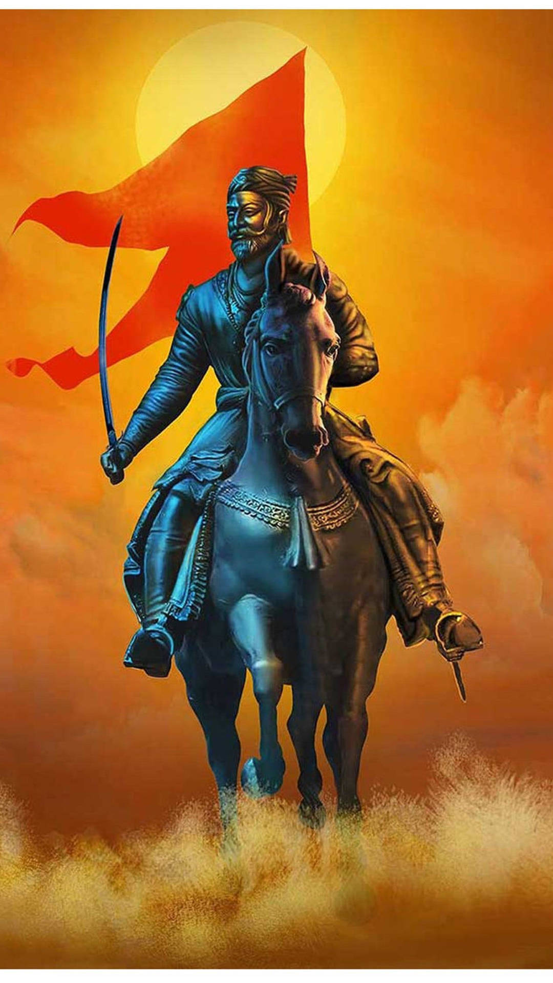 夕陽下，騎在馬上的戰士手持劍和紅旗。 — 希瓦吉 Maharaj 高清壁紙 壁紙
