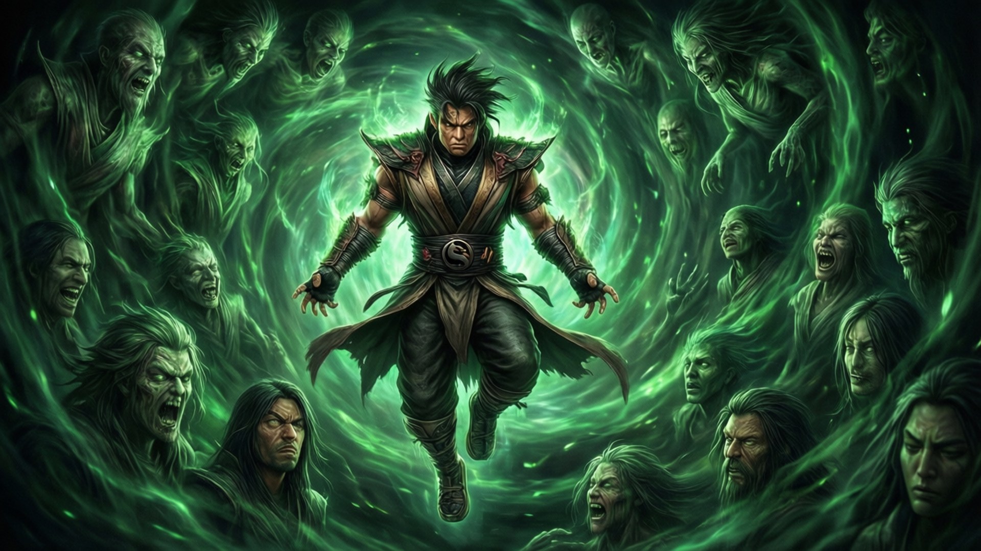 Mortal Kombat X 桌布 壁紙 — 一名戰士在旋轉的綠色漩渦中挑釁地站立，周圍環繞著尖叫的鬼臉。