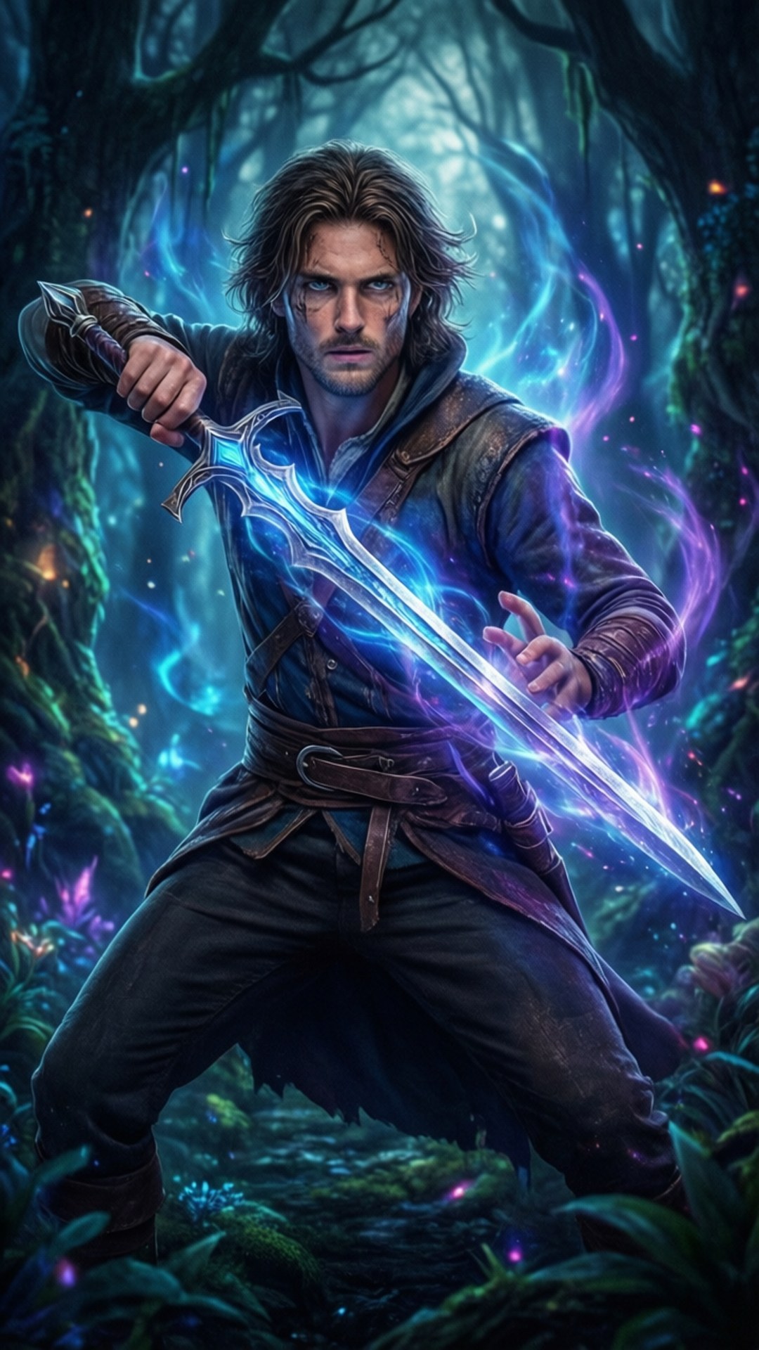 Glowing Sword Hero 壁紙 — 一名戰士手持發光藍劍，站在神秘森林中，周圍環繞著旋轉的紫色和藍色能量。