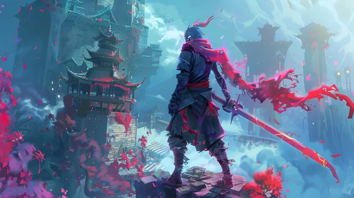  壁紙 — 一名戰士手持發光的紅色劍，站在廢墟上，周圍是飄落的花瓣，背景是迷霧籠罩的古城景觀。
