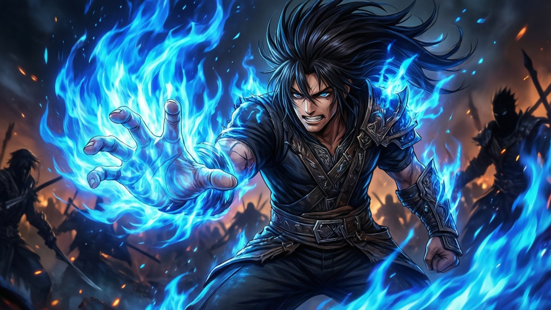 Hellblaze Unleashed 壁紙 — 一個擁有狂野黑髮的戰士在熾熱的戰場上，從他伸出的手中引導出強烈的藍色火焰。