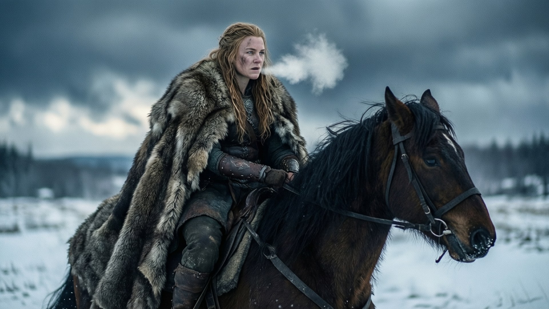katheryn winnick 桌布 壁紙 — 一位身穿毛皮斗篷的女戰士騎著一匹黑馬，在風暴灰暗的天空下穿過雪地。