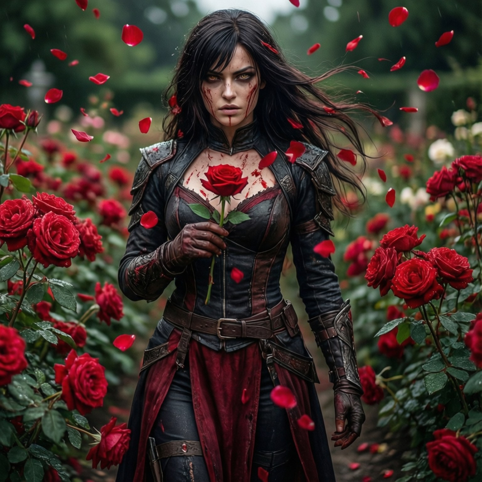 Rose and Dagger 壁紙 — 一位身穿暗色鎧甲的女戰士站在紅玫瑰田中，手持一朵玫瑰，花瓣在她周圍飄落。