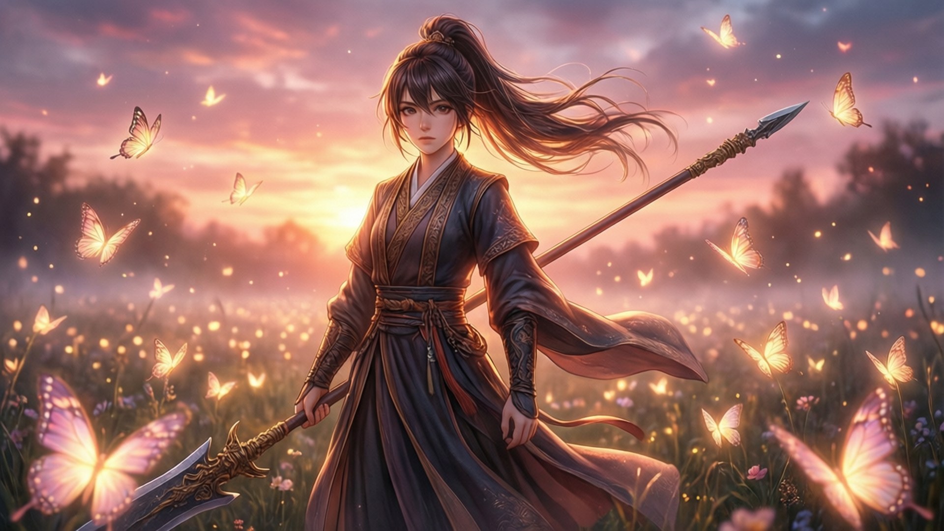 Butterfly Dusk 壁紙 — 一位身穿飄逸深色長袍的女戰士，在夕陽下閃爍蝴蝶的田野中手持長矛。