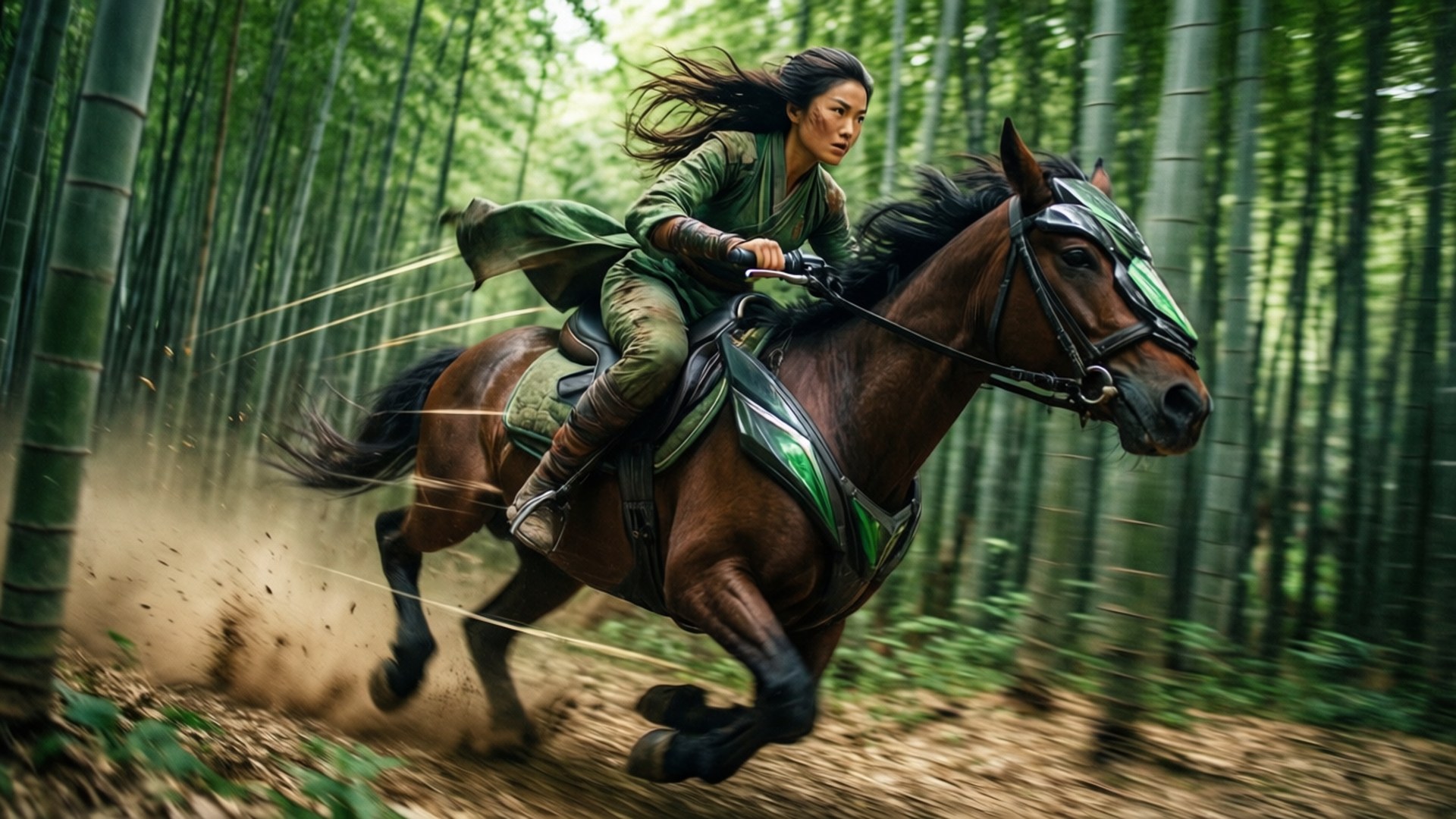 Namaari's Chase 壁紙 — 一名女戰士騎著一匹奔騰的棕色馬匹穿過茂密的竹林，揚起灰塵。