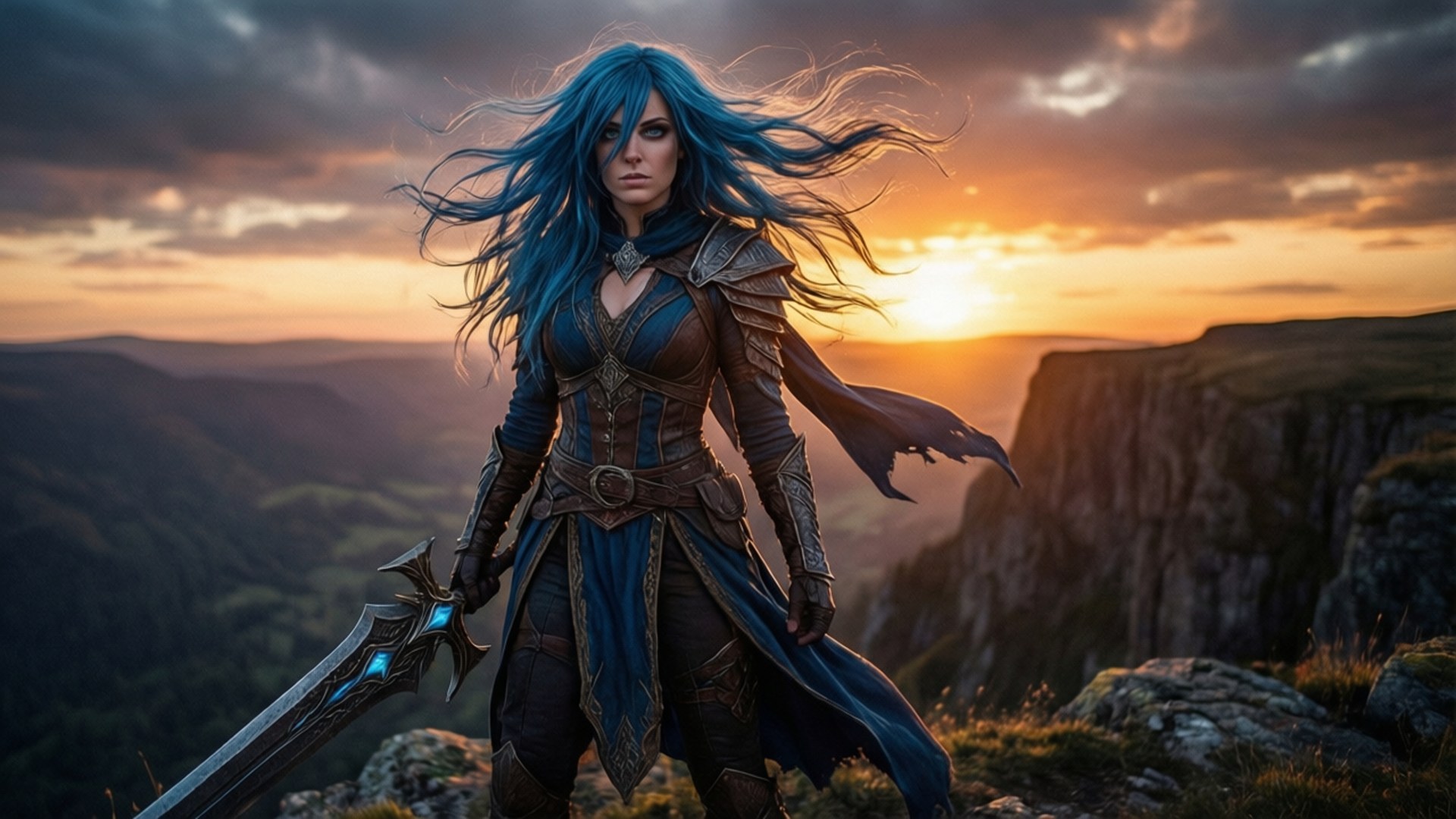 Lucina's Sunset Vigil 壁紙 — 一位擁有飄逸藍色長髮的女戰士站在懸崖頂上，手持發光的劍，夕陽將天空染成橙色和紫色。