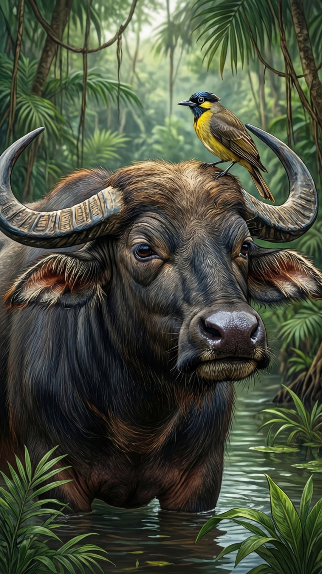Water Buffalo and Bird 壁紙 — 一頭彎角水牛站在叢林溪流中，一隻黃鳥靜靜地棲息在它的角上。