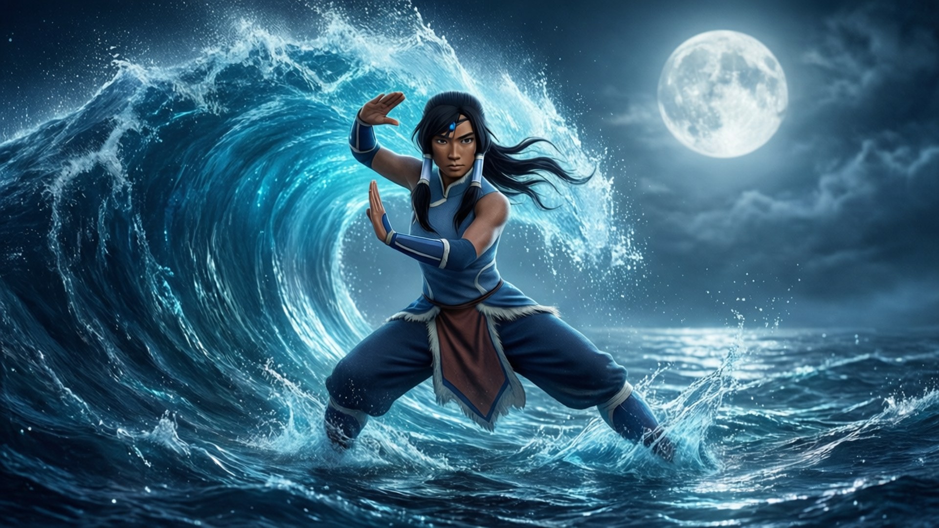 Katara Waterbending Full Moon 壁紙 — 一位御水師在滿月下，立於巨大翻騰的海浪之中，蓄勢待發。