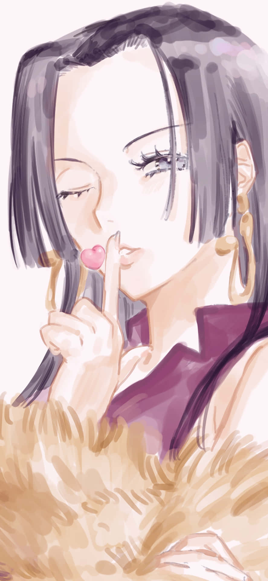  壁紙 — 一位水彩動畫風格的女孩，深色頭髮，戴著金色圓環耳環，將一個粉紅色心形物體貼近嘴唇，溫柔地微笑。