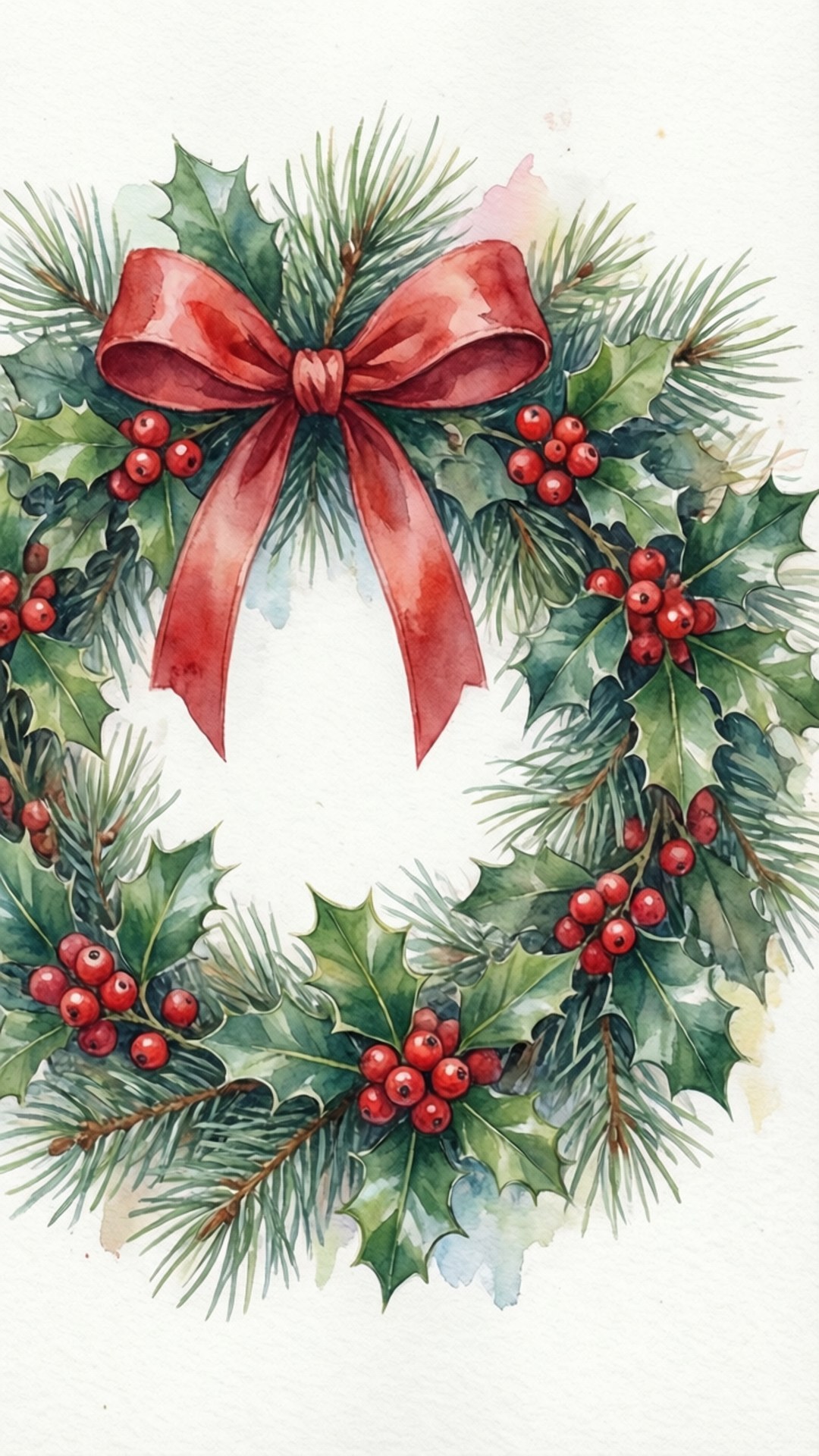 Watercolor Wreath 壁紙 — 一個水彩聖誕花環，飾有冬青漿果、松針和一個大紅色蝴蝶結，背景為白色。