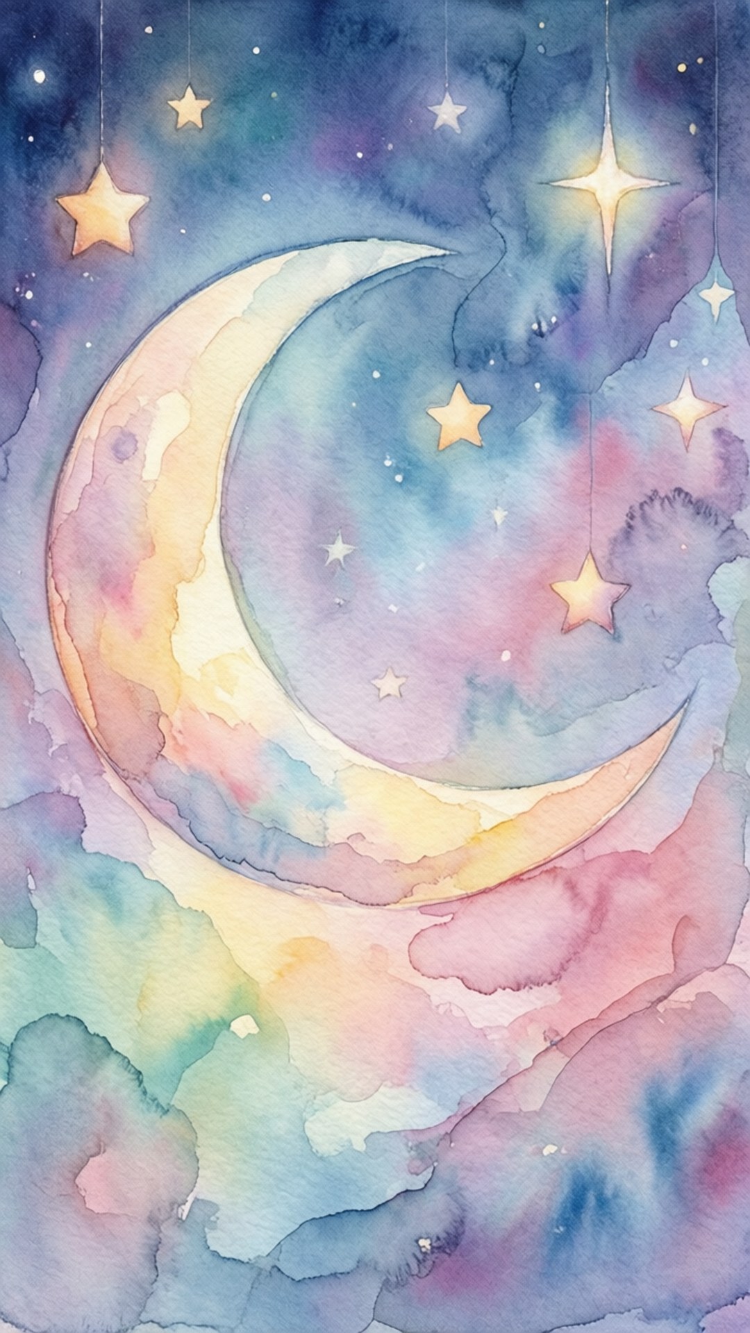 Watercolor Moon Dream 壁紙 — 水彩新月和發光的星星漂浮在夢幻的粉彩天空中，帶有柔和混合的色調。