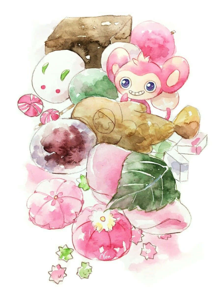  壁紙 — 一幅水彩插圖，描繪一隻粉紅色卡通老鼠，被糖果和花朵環繞，背景為白色。