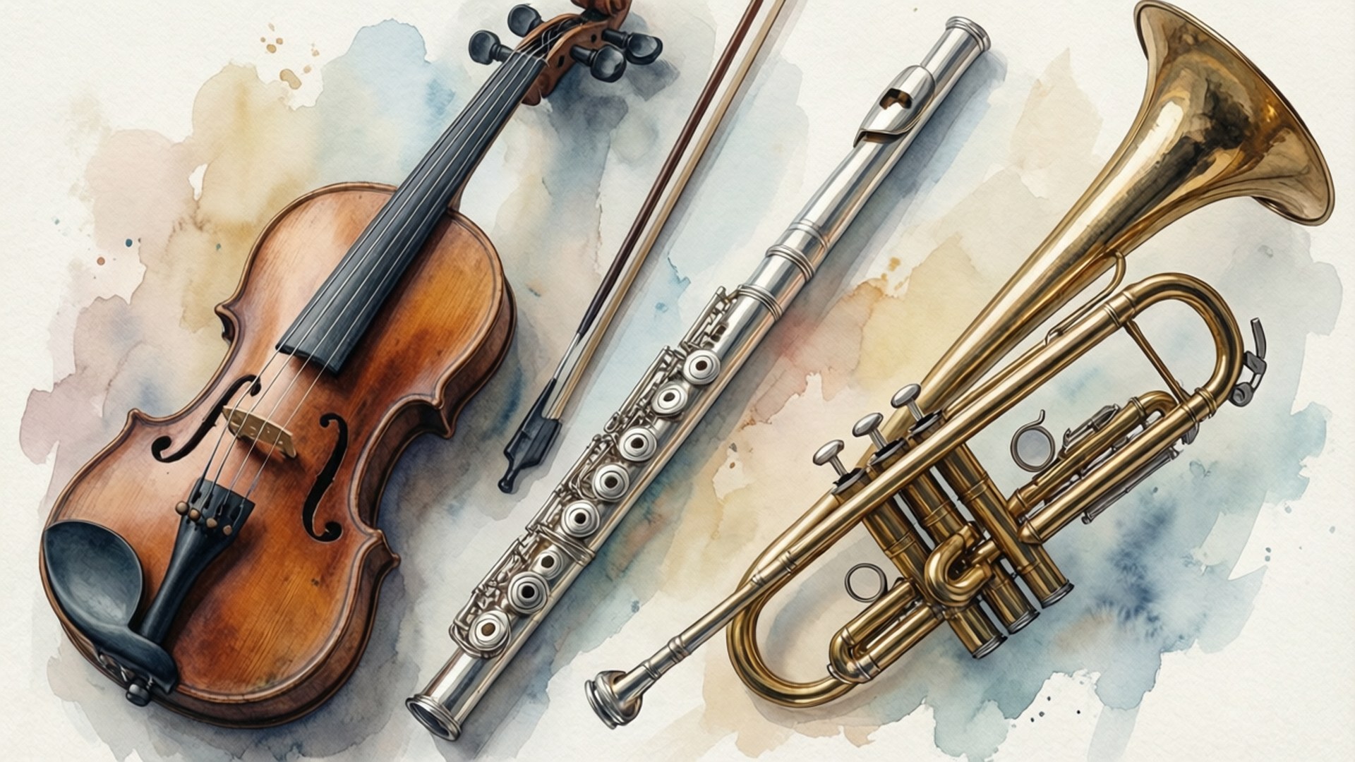 Watercolor Instruments Collage 壁紙 — 一幅水彩插圖，小提琴、長笛和小號對角排列在柔和的洗滌背景上。