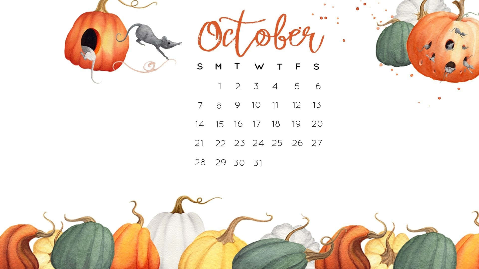 October Desktop 桌布 壁紙 — 一幅水彩風格的十月月曆，周圍環繞著南瓜，其中一個南瓜裡有隻老鼠探出頭來，呈現秋日色調。