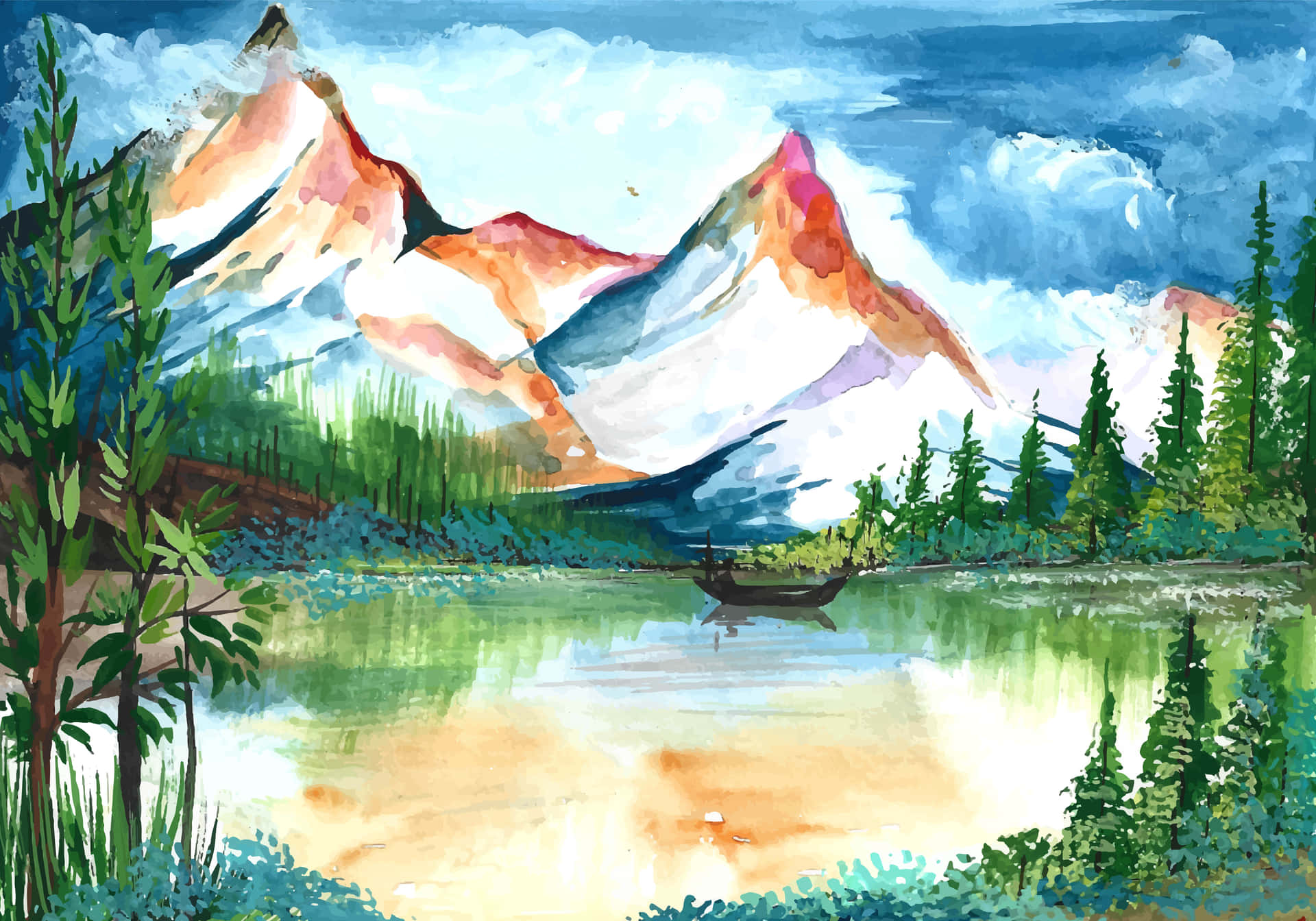  壁紙 — 一幅水彩畫，描繪白雪覆蓋的山脈倒映在平靜的湖面上，周圍環繞著常綠樹木。