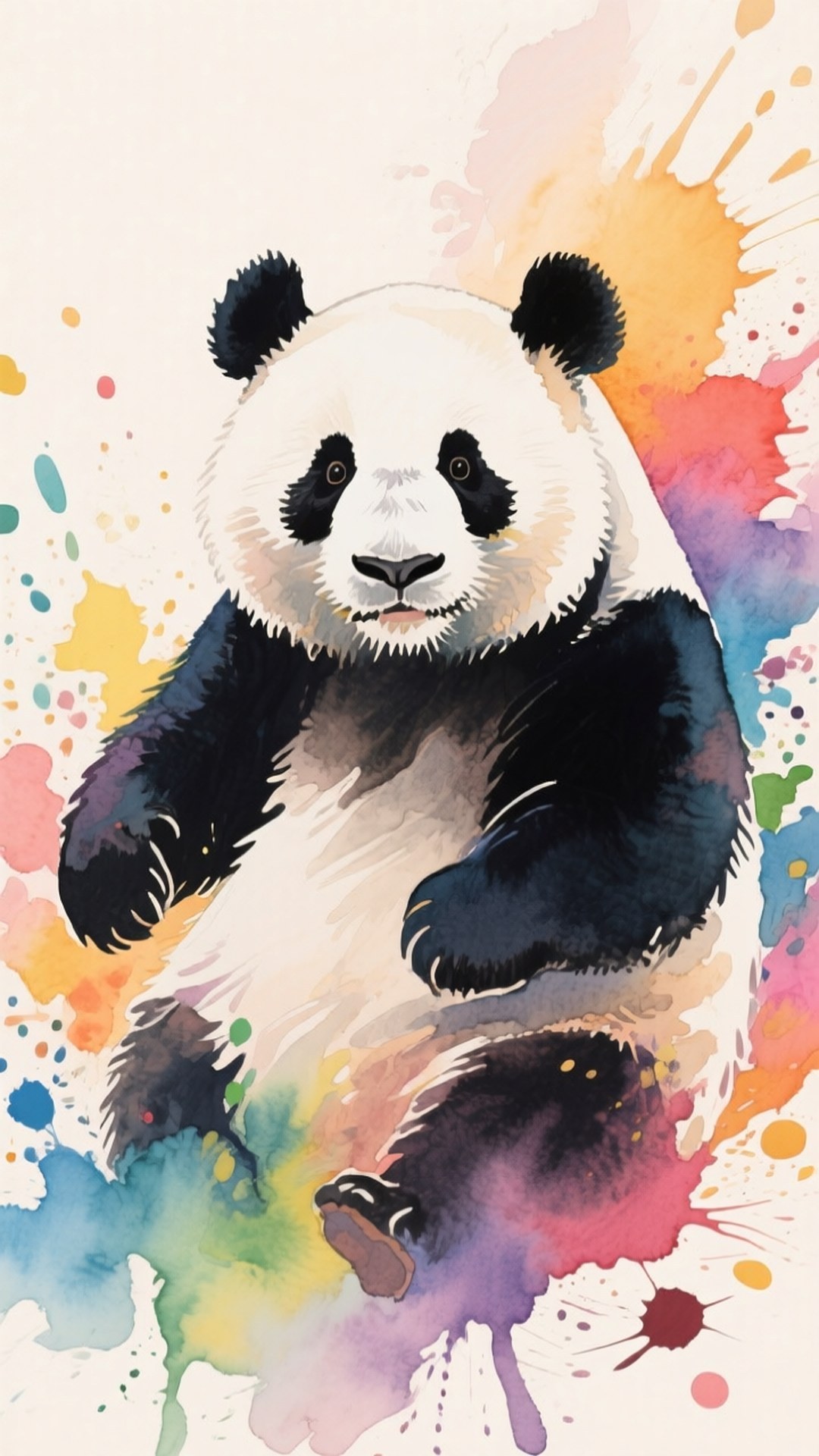 Watercolor Panda Splash 壁紙 — 一隻黑白毛色的水彩熊貓坐在淺色背景上，周圍是鮮豔多彩的顏料飛濺。