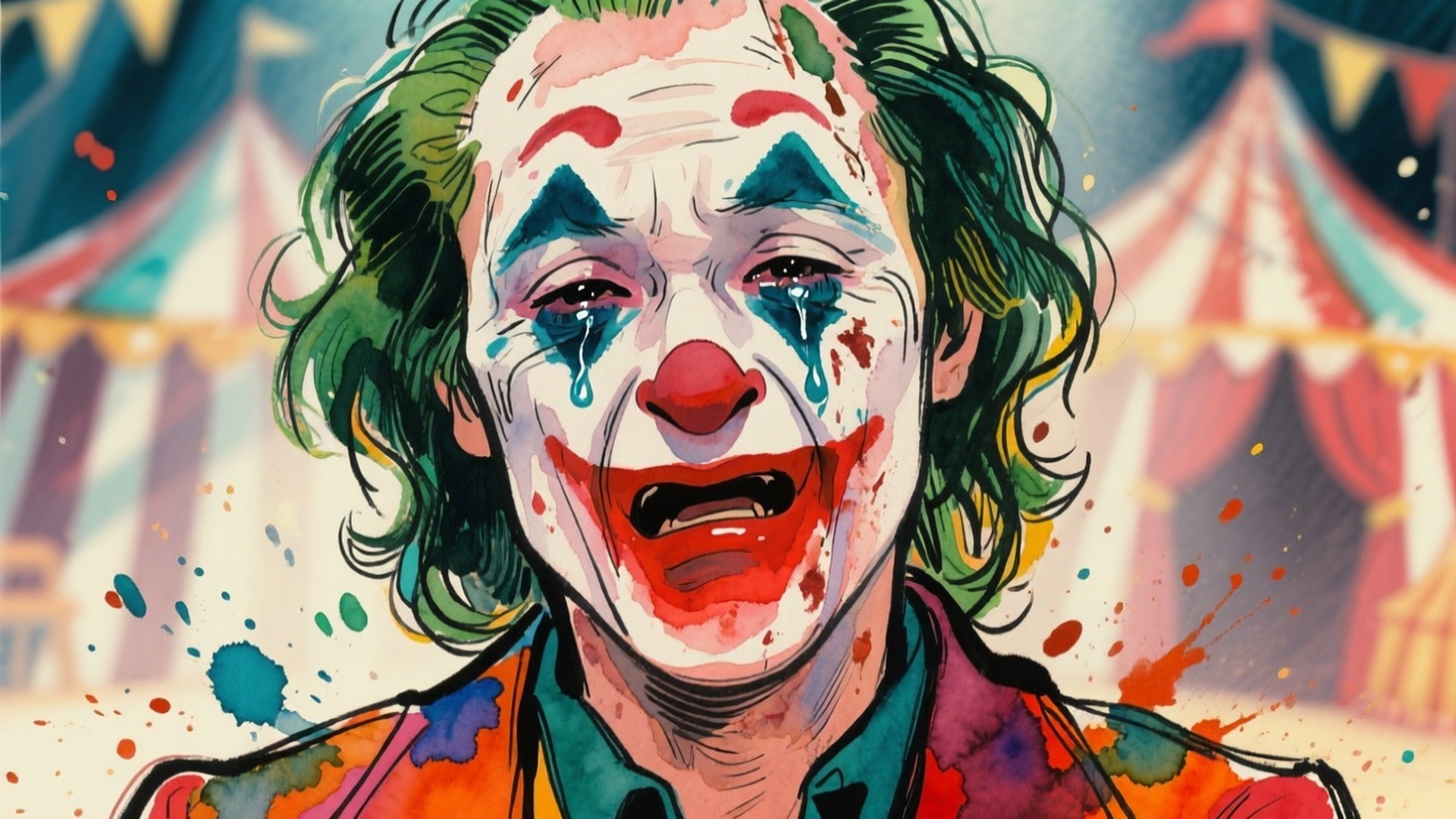Tears of a Clown 壁紙 — 一幅水彩畫像，描繪一個哭泣的小丑，綠色的頭髮和顏料飛濺，背景是馬戲團帳篷。