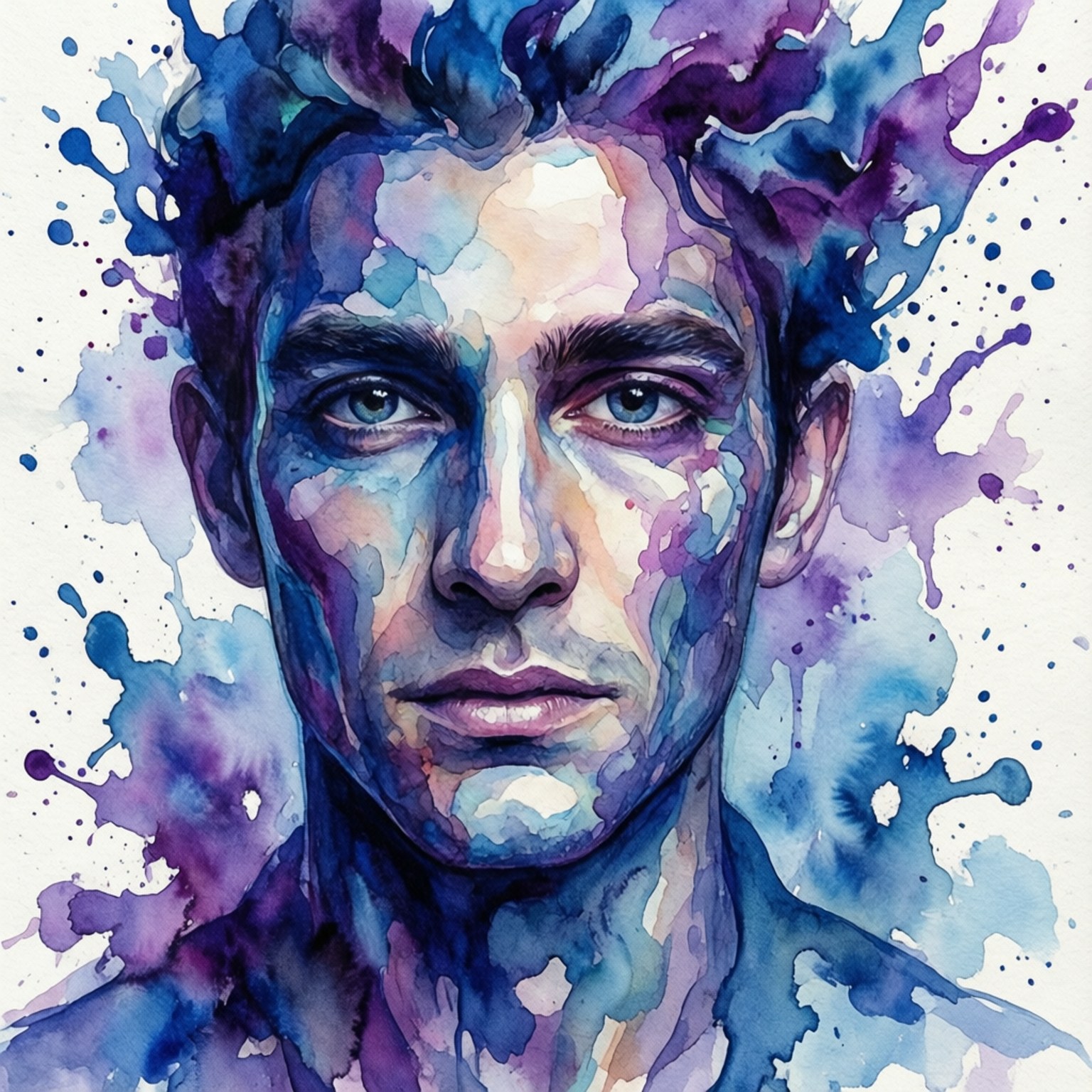 Watercolor Splash 壁紙 — 一幅水彩肖像畫，描繪一位眼神銳利的男子，周圍環繞著鮮豔的藍色和紫色潑濺。