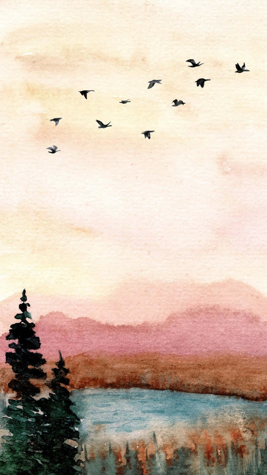  壁紙 — 一幅水彩畫場景，描繪日落時分，鵝群飛過一個有松樹和遠山的湖泊。