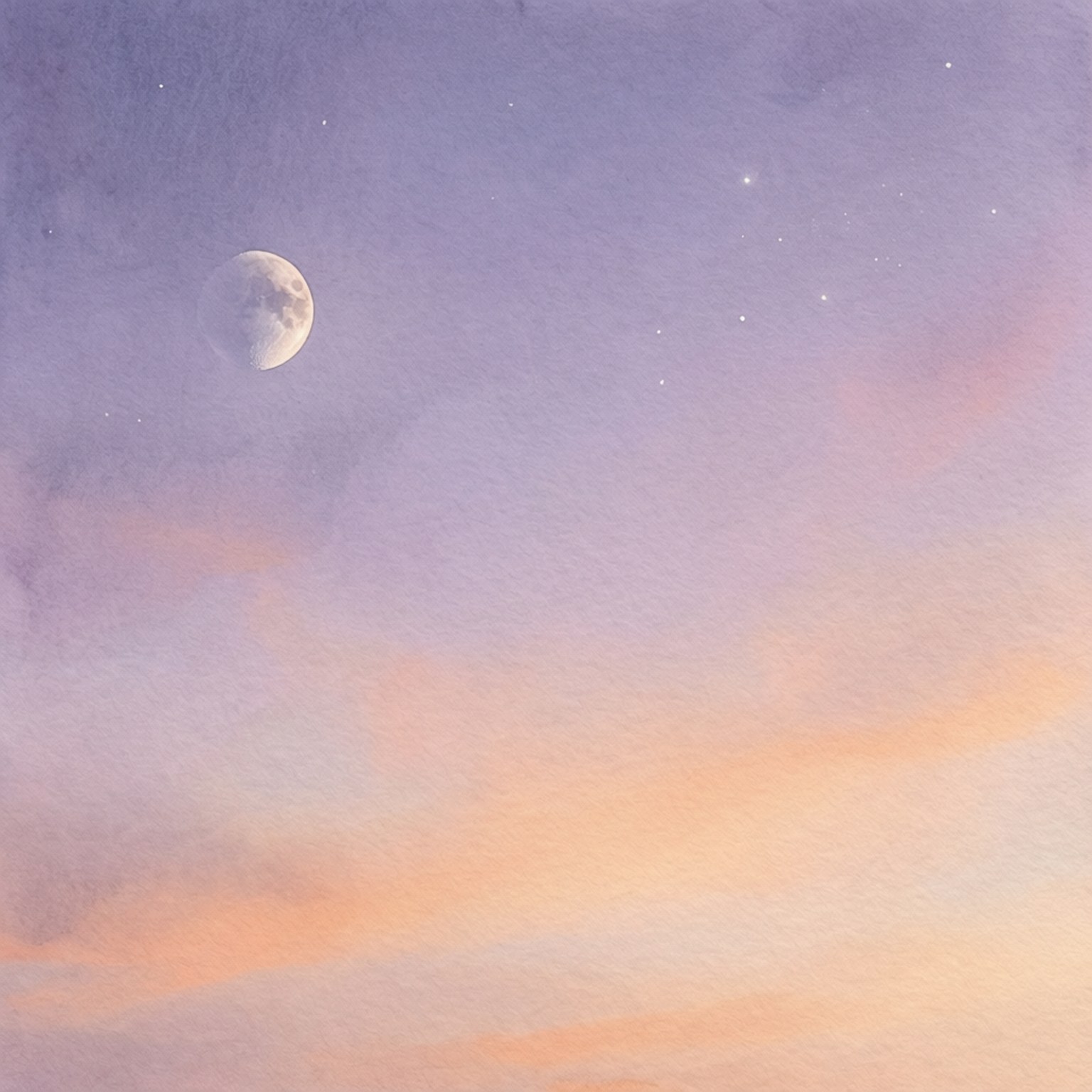 Twilight Pastel Sky 壁紙 — 水彩天空，新月和星星在柔和的薰衣草和蜜桃色雲朵之上。