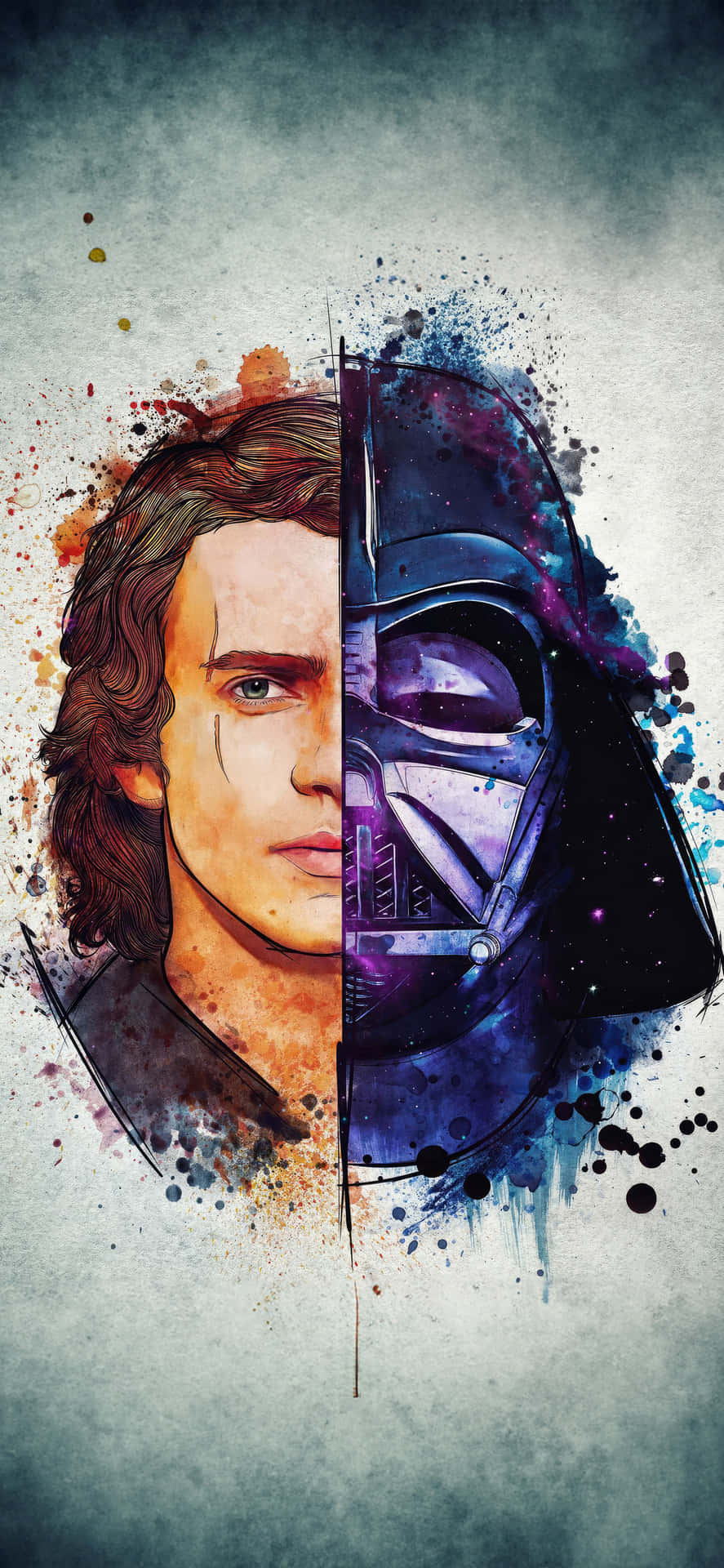  壁紙 — Anakin Skywalker 和 Darth Vader 的水彩分割肖像，帶有鮮豔的潑濺，背景為紋理灰色。