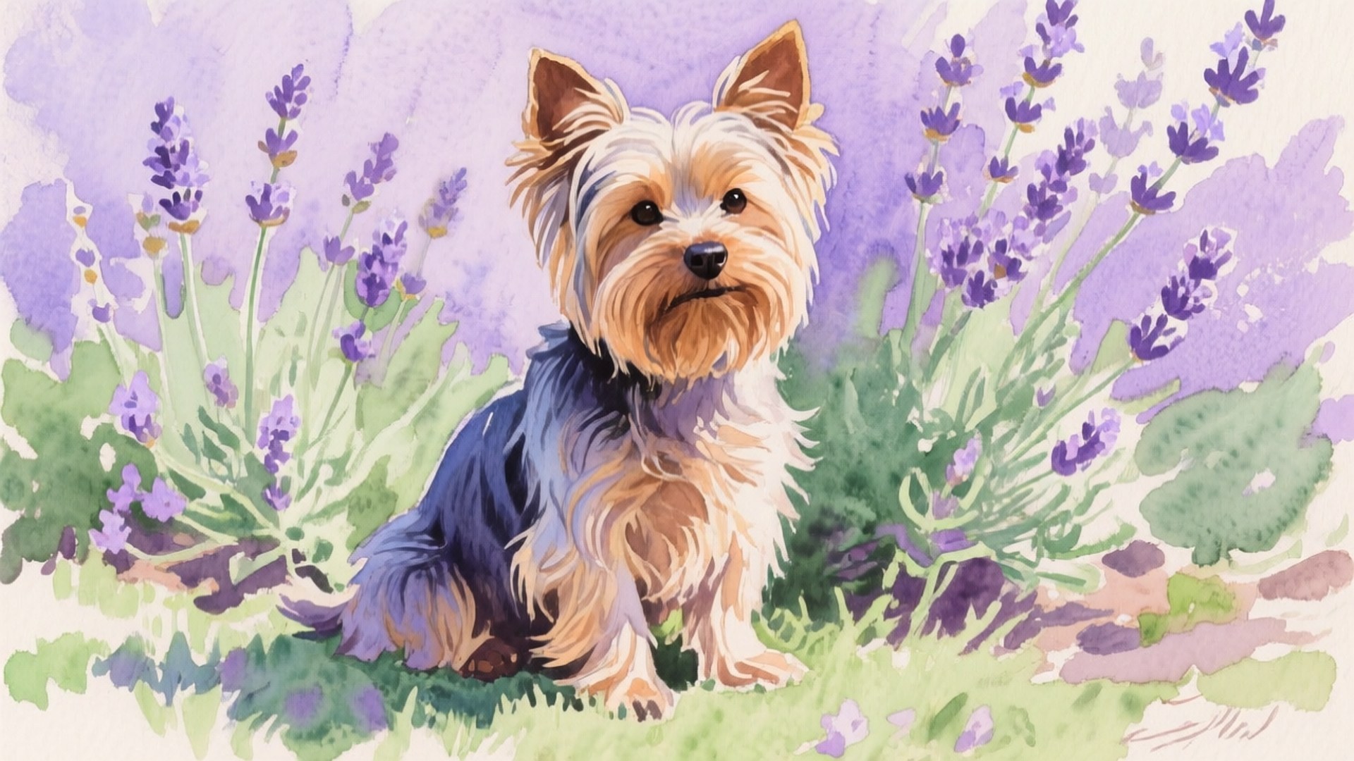 Watercolor Lavender Yorkie 壁紙 — 一隻水彩畫的約克夏㹴在盛開的紫色薰衣草中警覺地坐著，背景是柔和的花園場景。