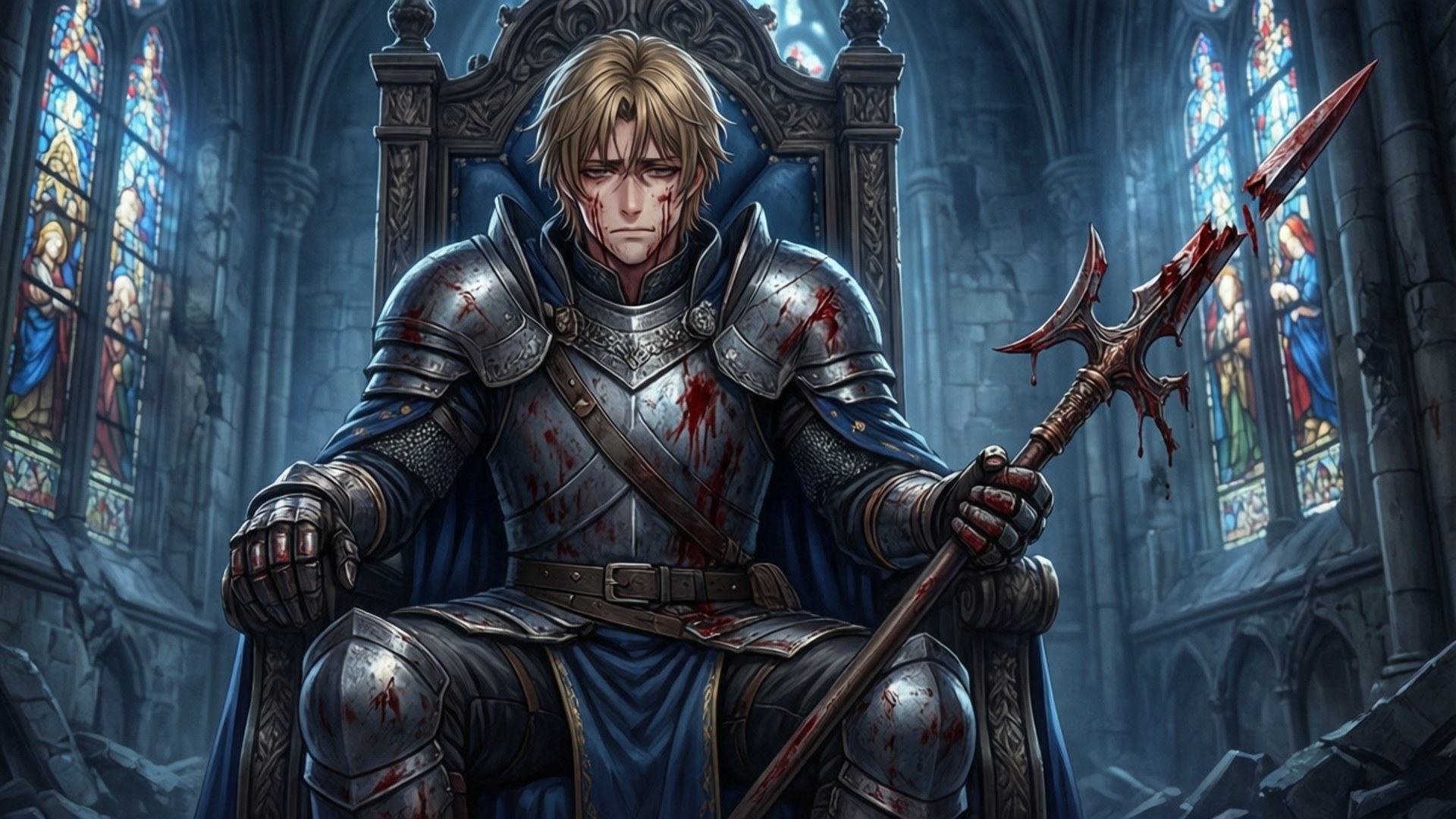 King of Ruin 壁紙 — 一個疲憊的騎士穿著血跡斑斑的盔甲，坐在破碎大教堂的王座上，手持血淋淋的三叉戟。