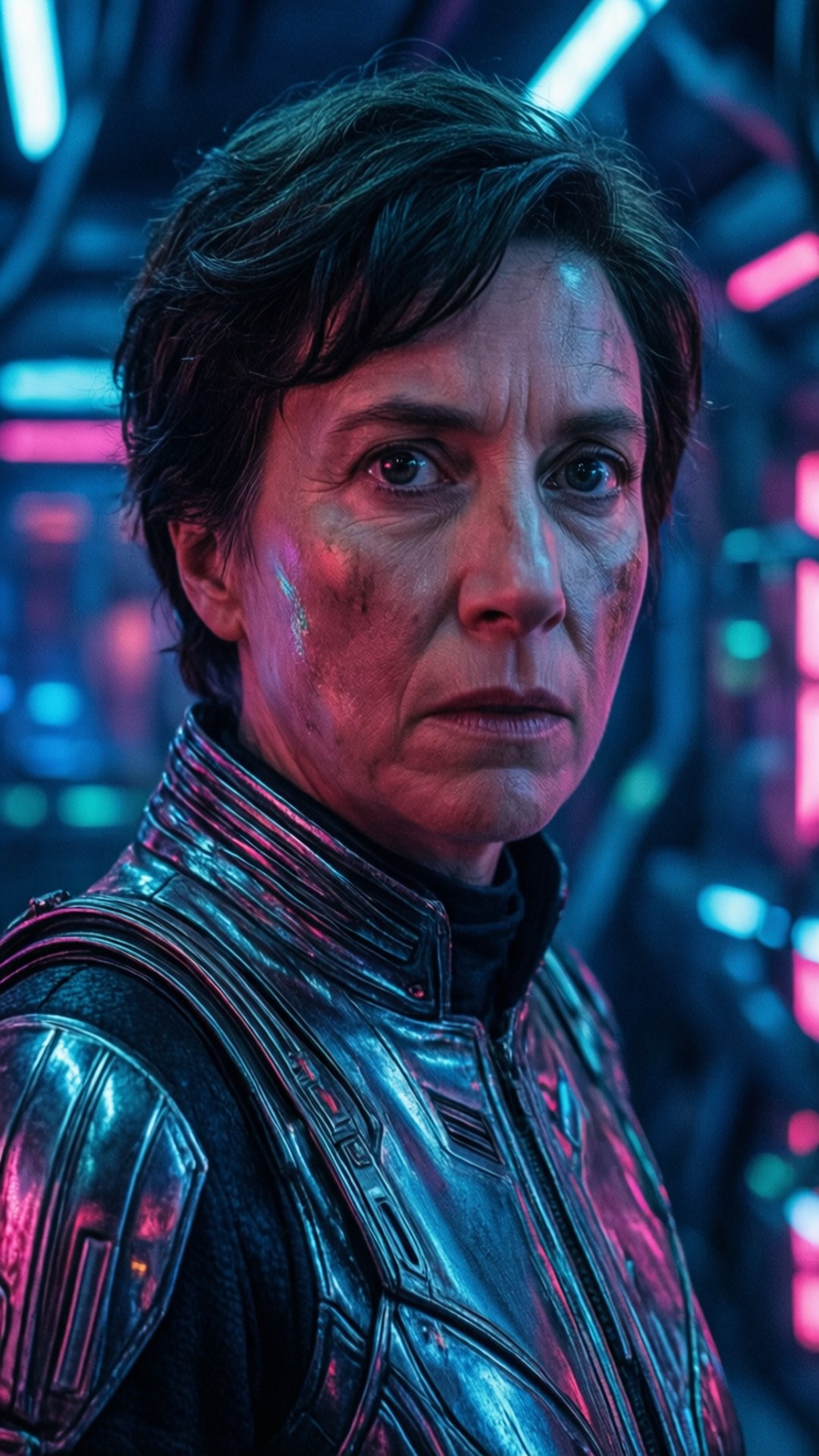 Neon Future 壁紙 — 一個疲憊的女人穿著未來風格的盔甲，在一個閃爍著藍色和粉紅色光芒的霓虹科幻走廊中專注地凝視。