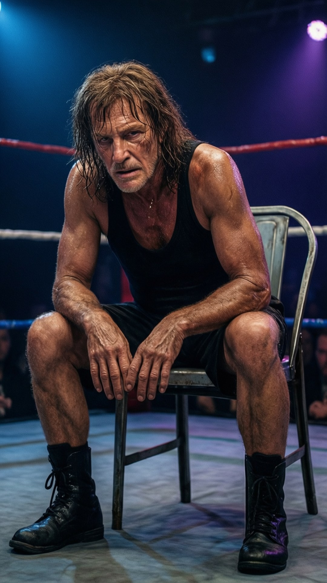 Billy Kidman 桌布 壁紙 — 一個疲倦的摔角手，濕透的頭髮，在昏暗的擂台上，在彩色舞台燈光下，癱坐在金屬椅上。