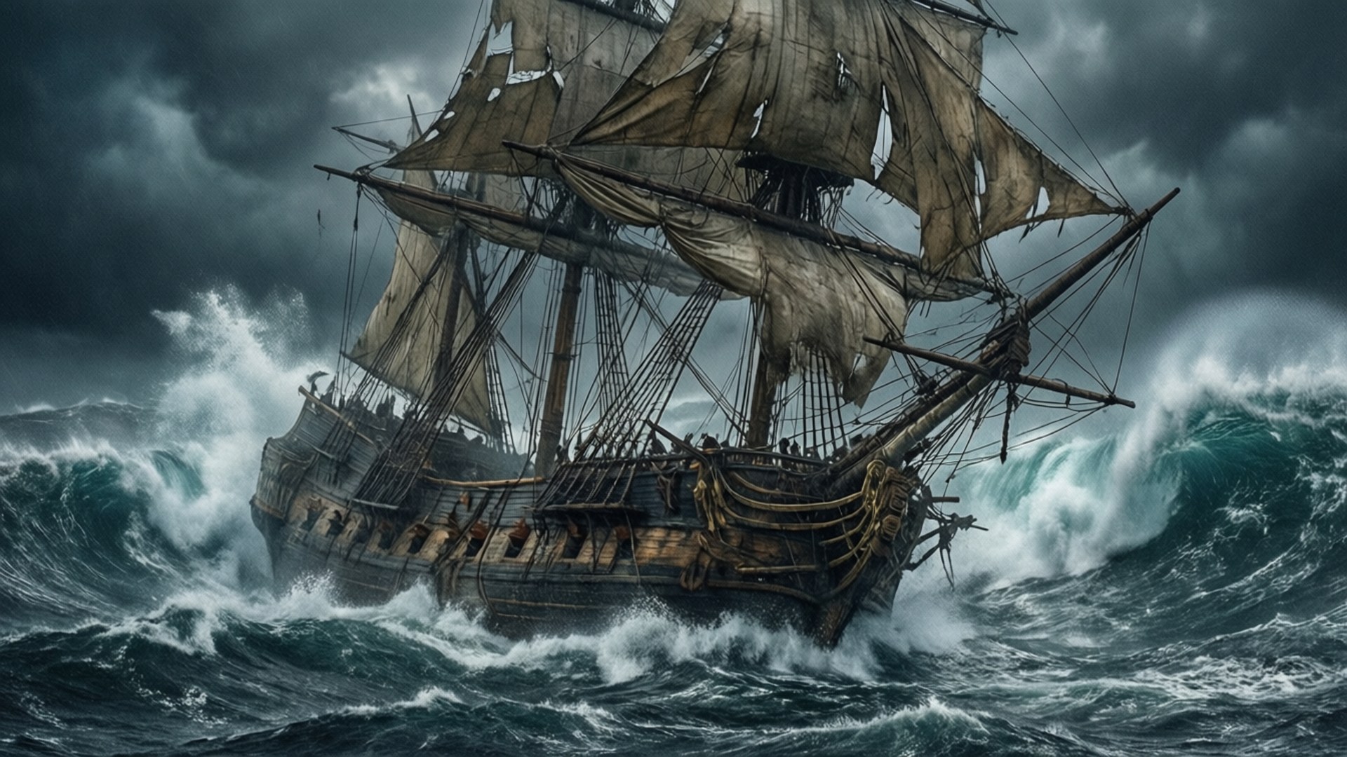 Ship in Storm 壁紙 — 一艘飽經風霜的帆船在暴風雨的天空下與滔天巨浪搏鬥，船帆破爛，浪花飛濺。