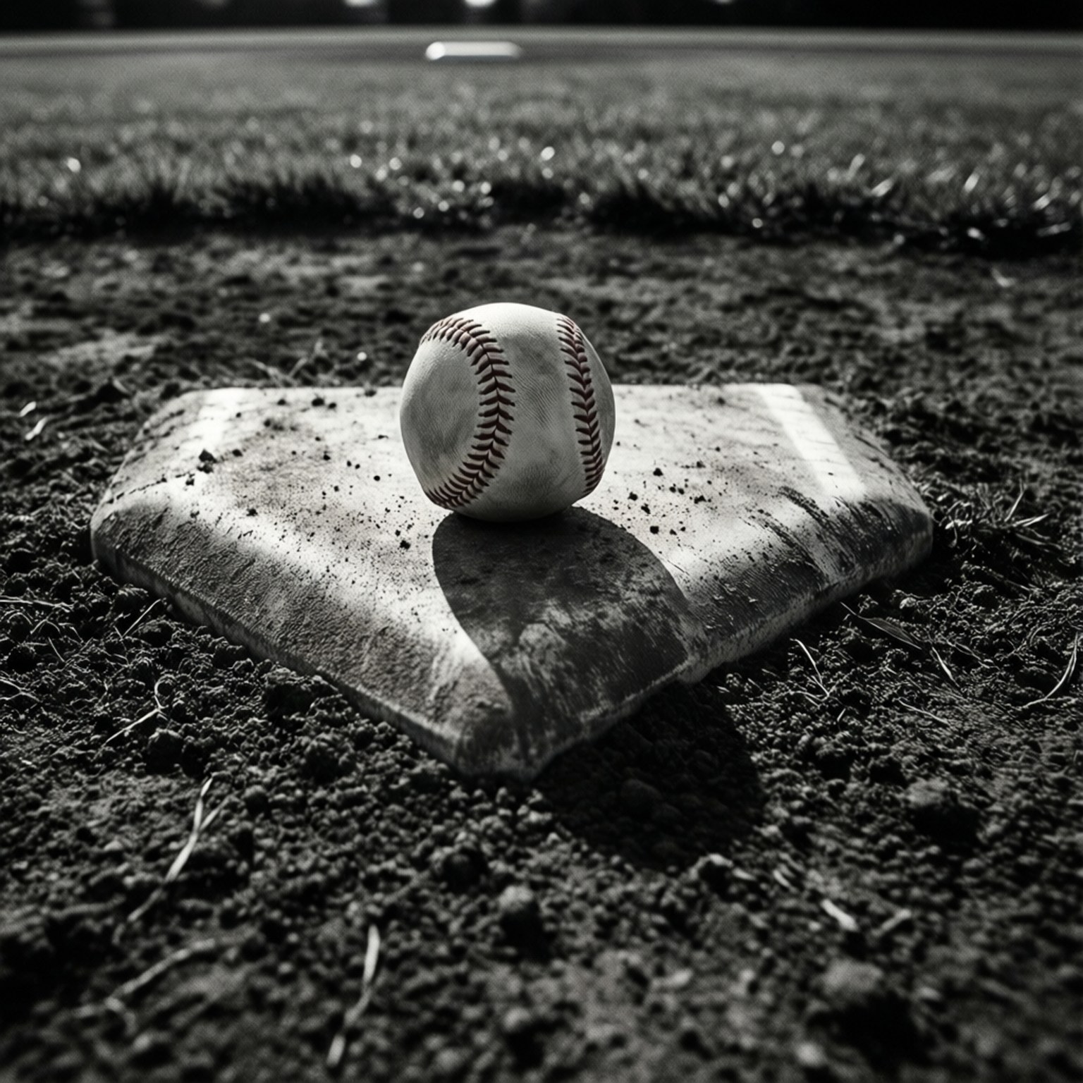Home Plate 壁紙 — 一個風化的棒球放在佈滿灰塵的本壘板上，以鮮明的黑白呈現，周圍是草地和泥土。