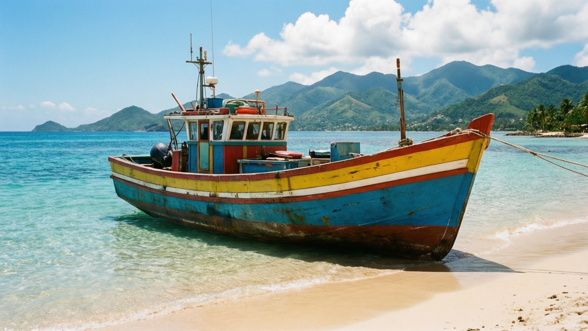 Fishing Boat on Shore 壁紙 — 一艘風化的藍、黃、紅色漁船停泊在沙灘的淺綠松石色水中，背景是綠色的山脈。