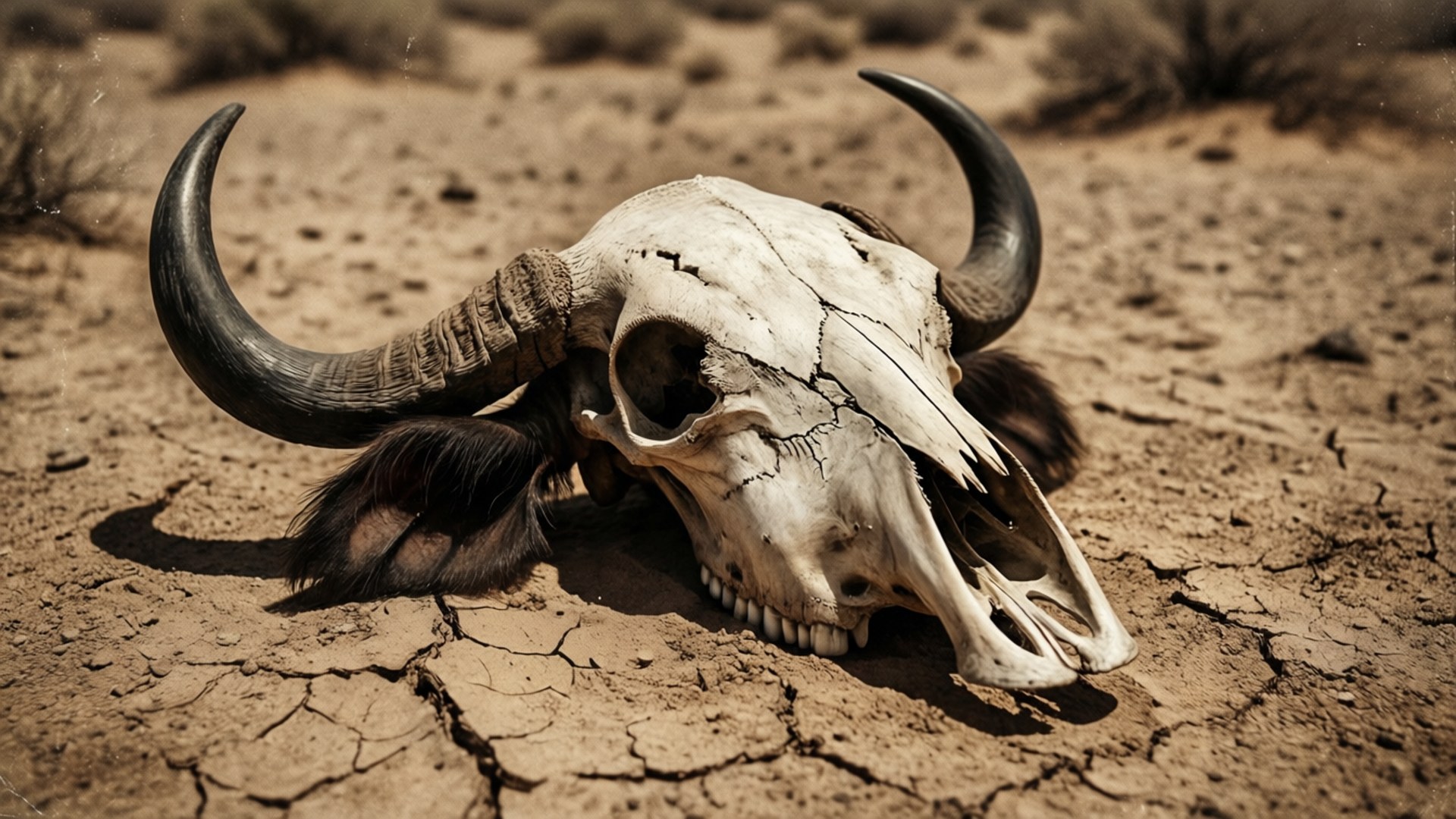 Buffalo Skull in Desert 壁紙 — 一個風化的水牛頭骨，帶有彎曲的角，在明亮的陽光下躺在龜裂的乾燥土地上。