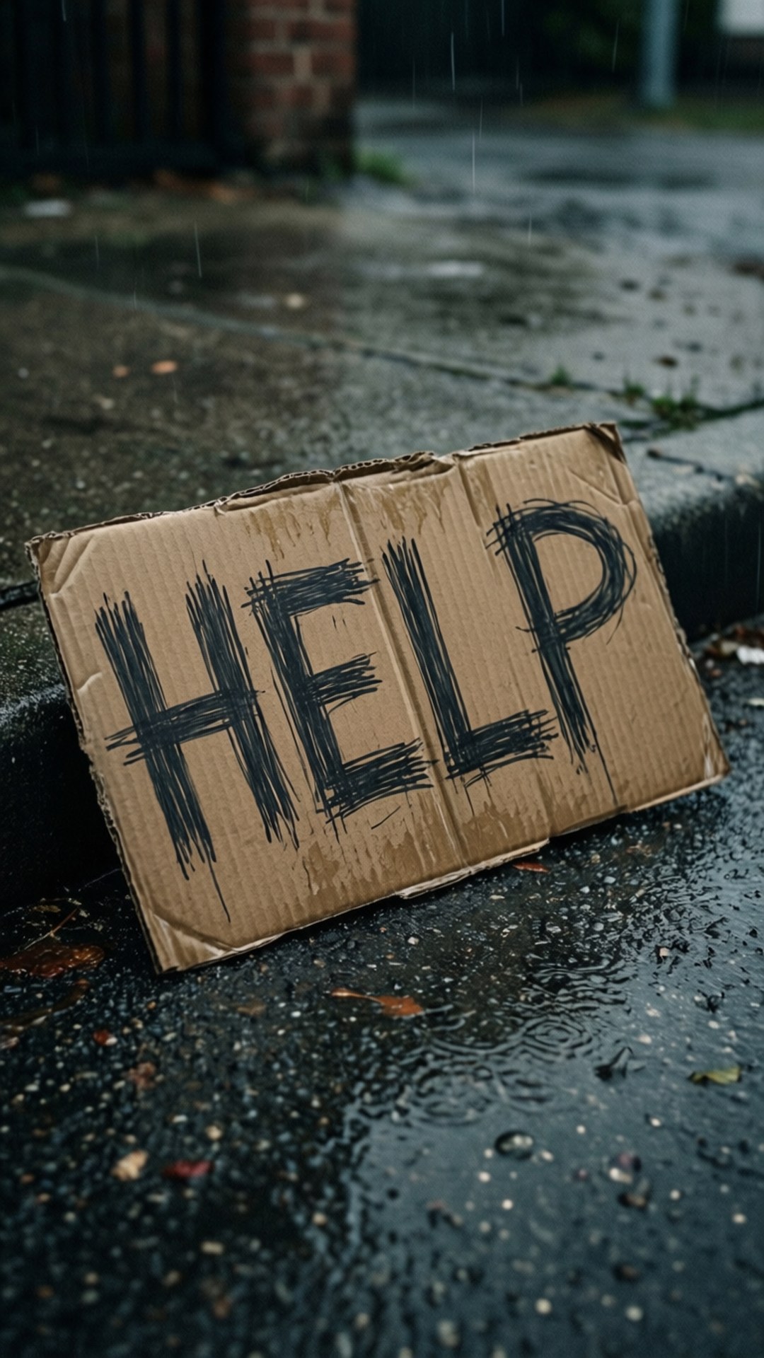 雨中潮濕的人行道上，一塊寫著 HELP 的紙板標誌。