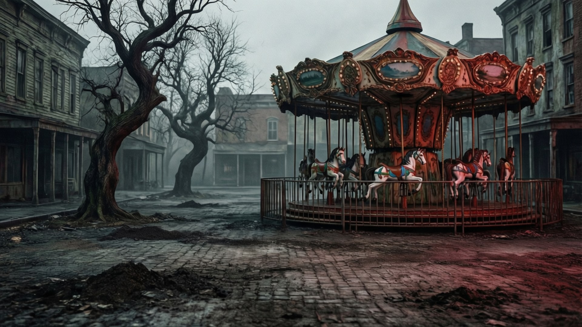 Ash Covered Town Square 壁紙 — 一個風化的旋轉木馬，帶有華麗的紅色和金色細節，被遺棄在一個霧氣瀰漫、荒涼的城鎮廣場上，周圍是破敗的建築和光禿禿的樹木。