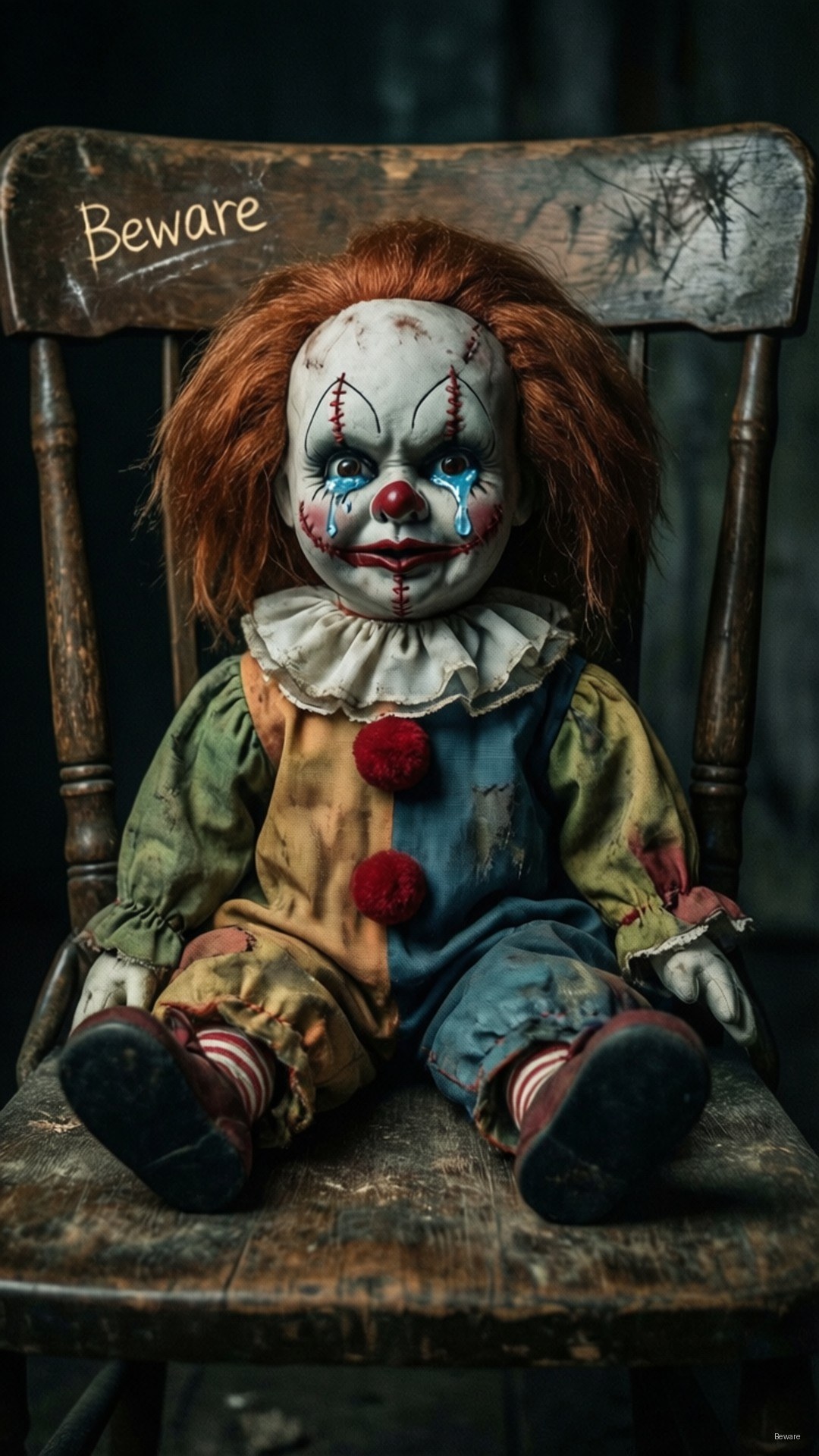Creepy Clown Doll 壁紙 — 一個風化的小丑娃娃，臉上縫著線條和淚痕，坐在一張寫著「小心」的舊木椅上。