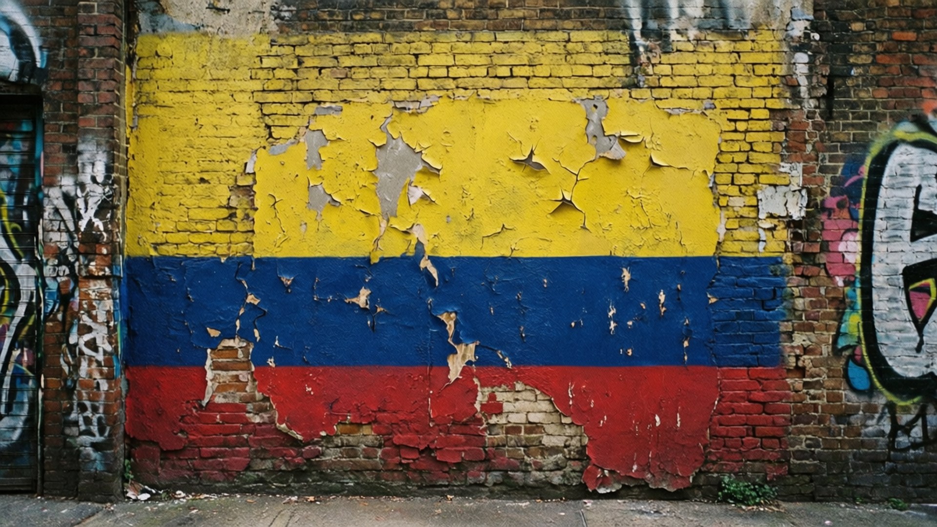 Grunge Brick Wall Flag 壁紙 — 一幅飽經風霜的哥倫比亞國旗畫在磚牆上，黃、藍、紅條紋剝落，露出下面的紅磚。