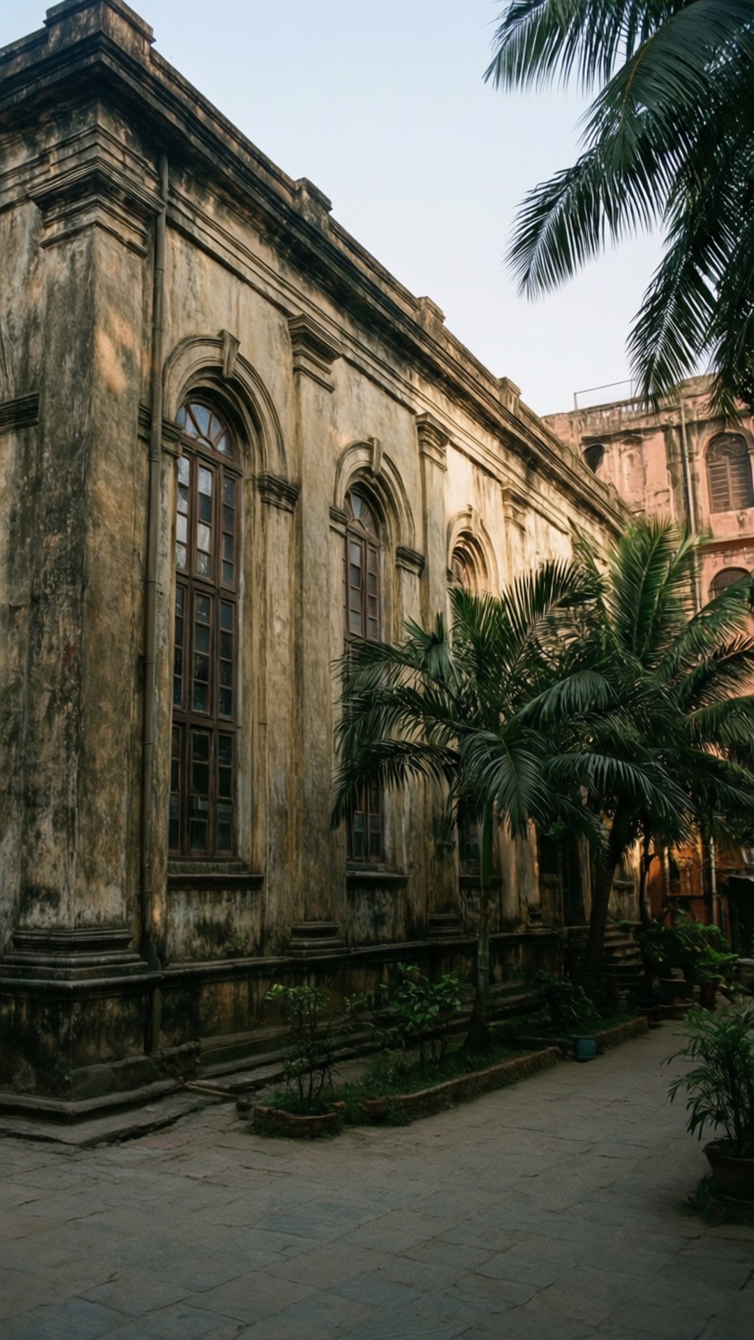 Armenian Church Calm 壁紙 — 一座風化的殖民時期建築，帶有拱形窗戶，矗立在茂密的棕櫚樹旁，天空柔和。