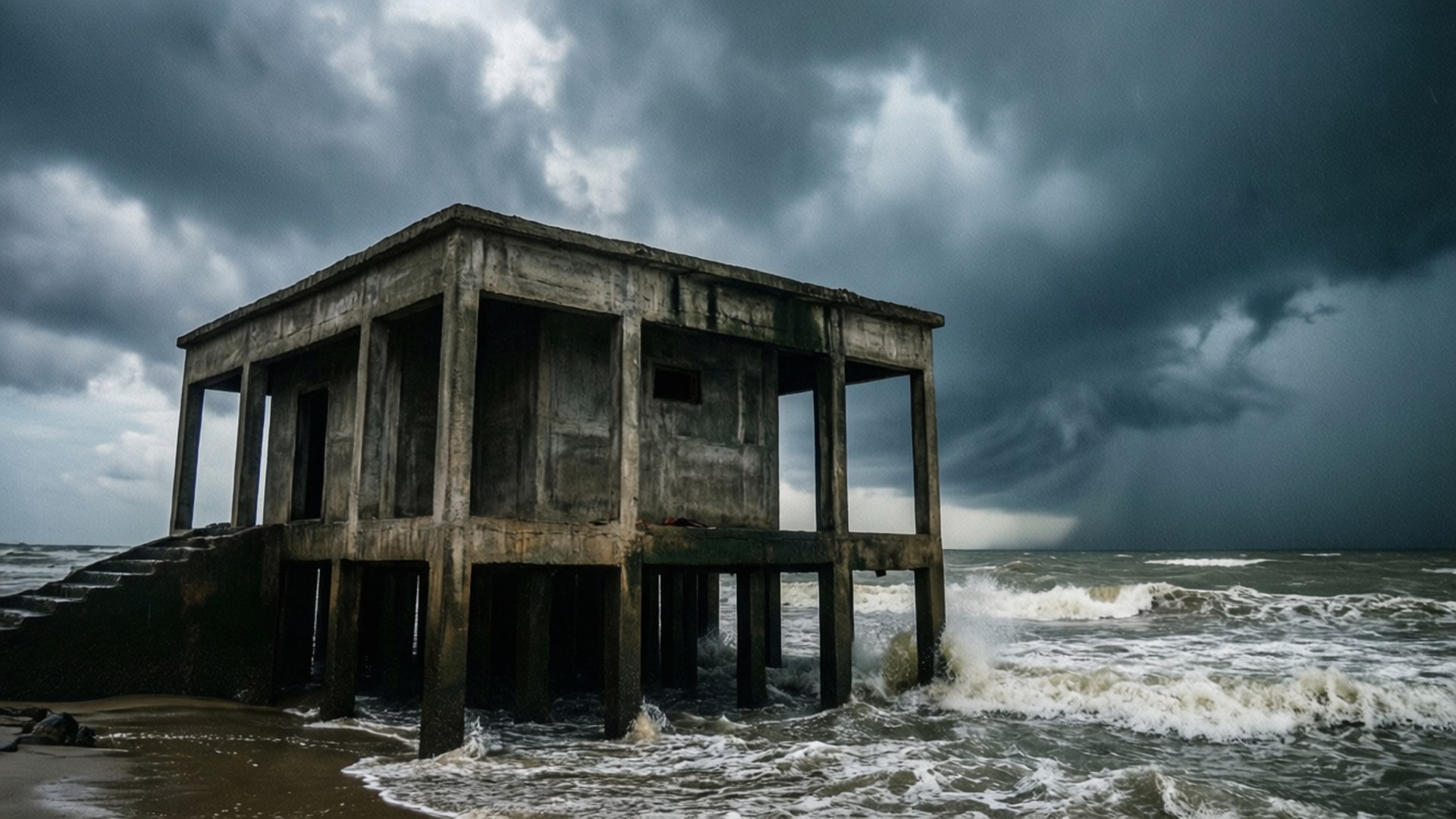 Coastal Cyclone Shelter 壁紙 — 一座風化的混凝土結構矗立在高蹺上，置身於洶湧的海浪中，天空陰沉暴風雨欲來。