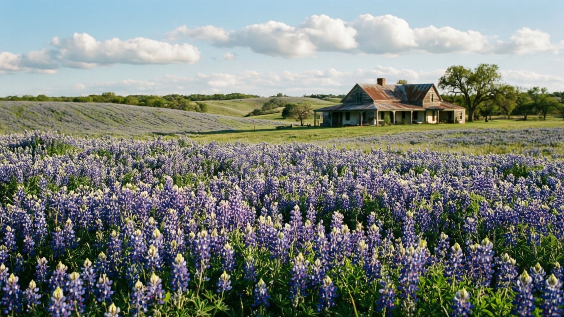 Bluebonnet Spring in Texas 壁紙 — 一座飽經風霜的農舍坐落在山頂上，俯瞰著一片廣闊的紫色羽扇豆花田，上方是明亮的藍天和蓬鬆的白雲。