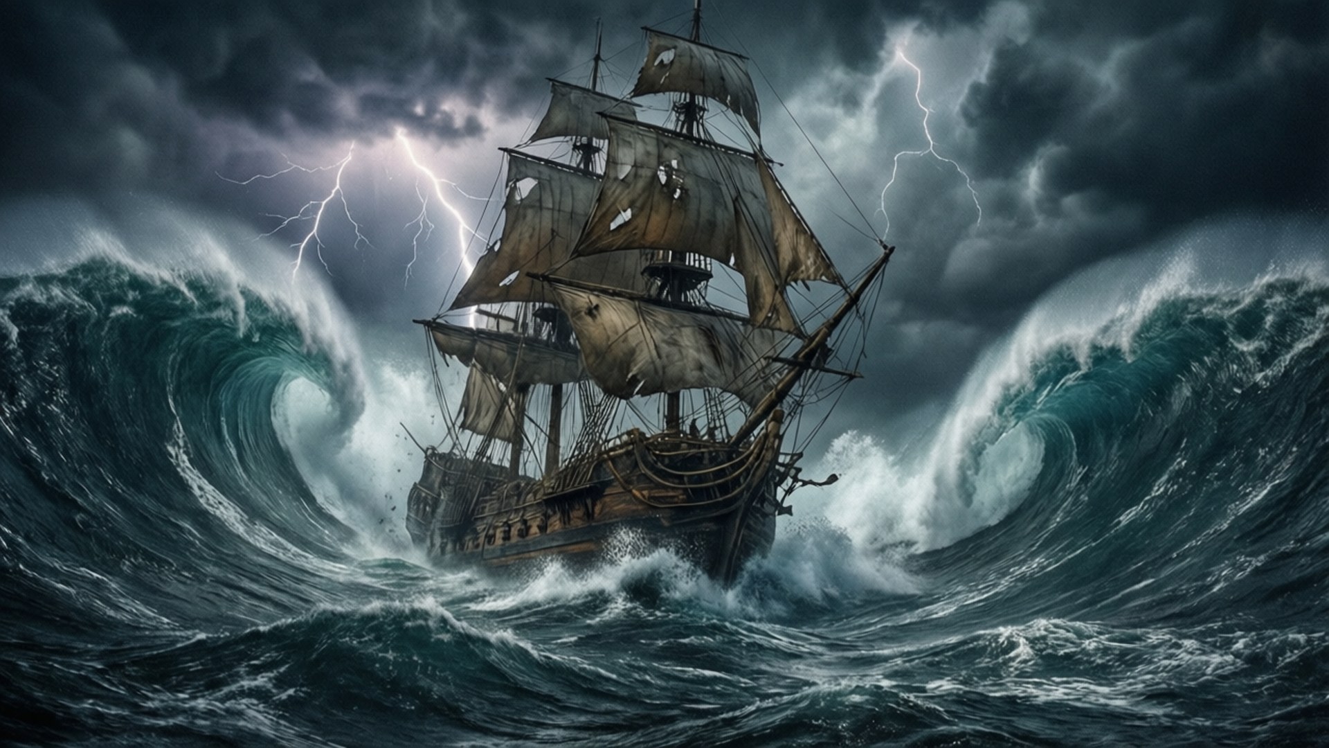 Pirate Ship Storm 壁紙 — 一艘飽經風霜的帆船在暴風雨的天空下，與高聳的青綠色波浪搏鬥，天空被鋸齒狀的閃電劈開。