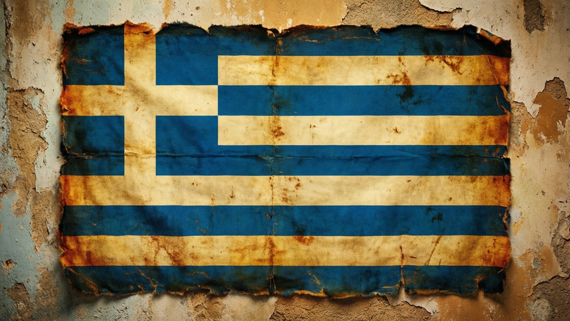 Distressed Vintage Flag 壁紙 — 一面飽經風霜的希臘國旗，邊緣破損，藍白條紋褪色，掛在搖搖欲墜的牆上。