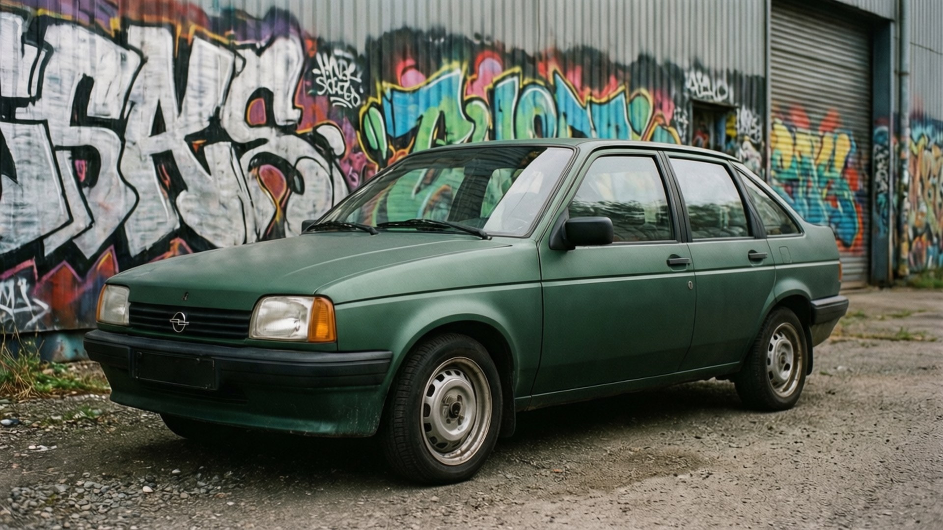 Opel Kadett 桌布 壁紙 — 一架飽經風霜的綠色歐寶 Kadett 停放在充滿活力的塗鴉工業牆前。