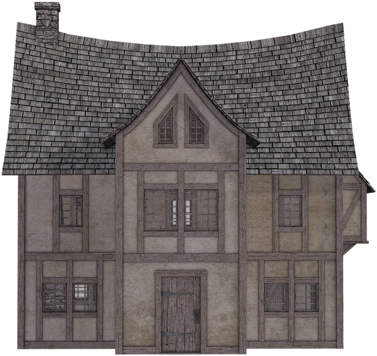半木結構房屋，灰色瓦片和木樑，黑色背景 — 3D 壁紙