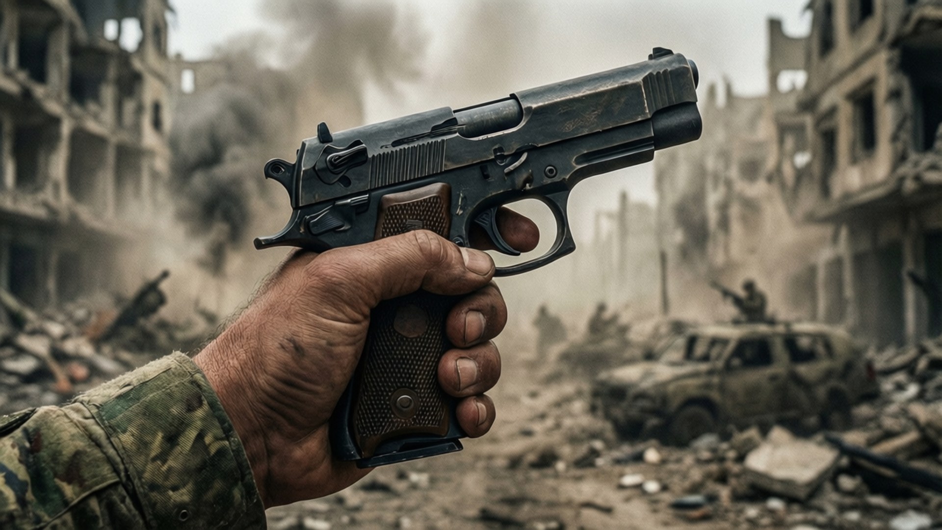 Urban Combat Grip 壁紙 — 一隻飽經風霜的手握著手槍，背景是煙霧和瓦礫的戰火摧殘城市景觀。