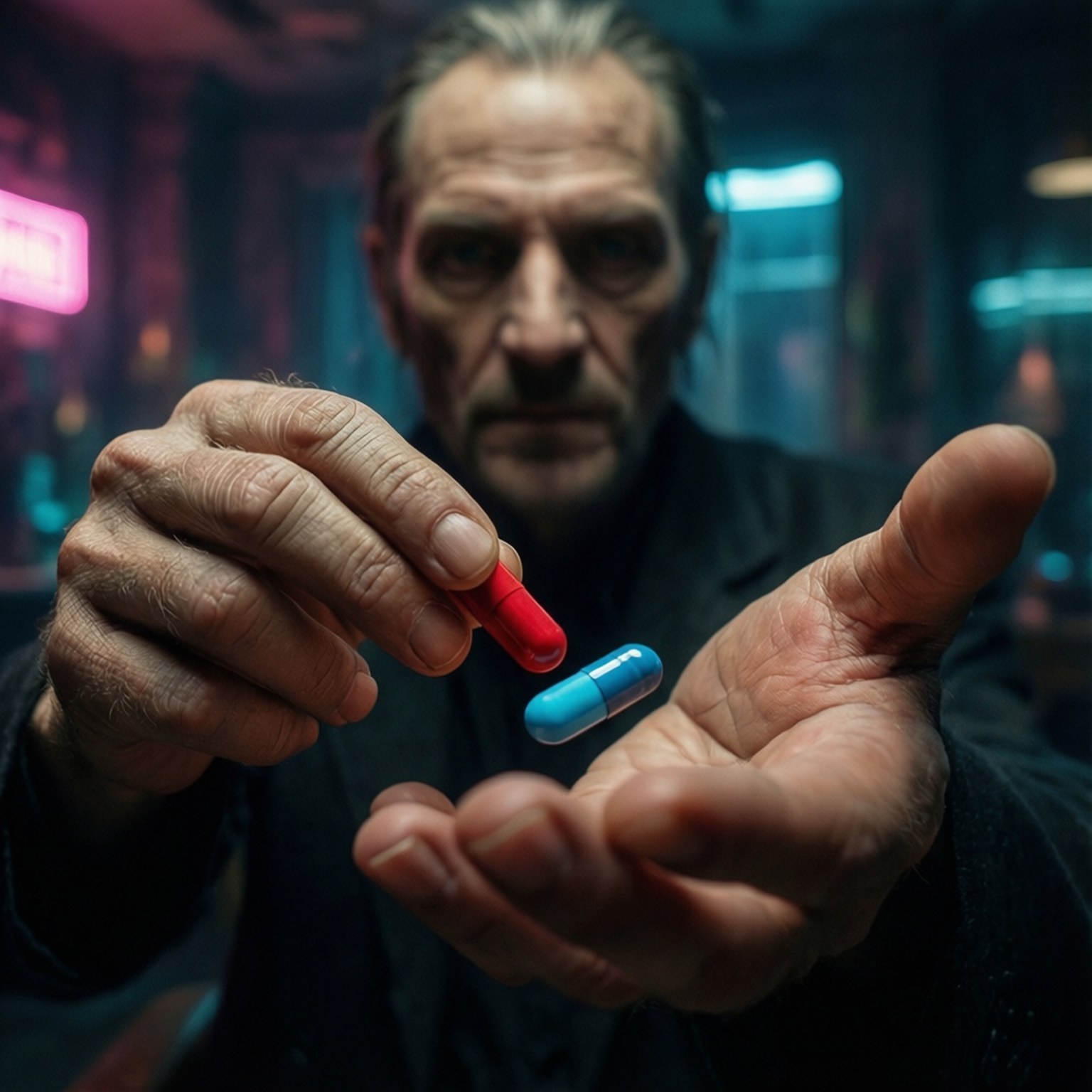 Red or Blue Pill 壁紙 — 一個飽經風霜的男人穿著深色外套，在霓虹燈照亮的城市背景下，雙手拿著一顆紅色和藍色的藥丸。