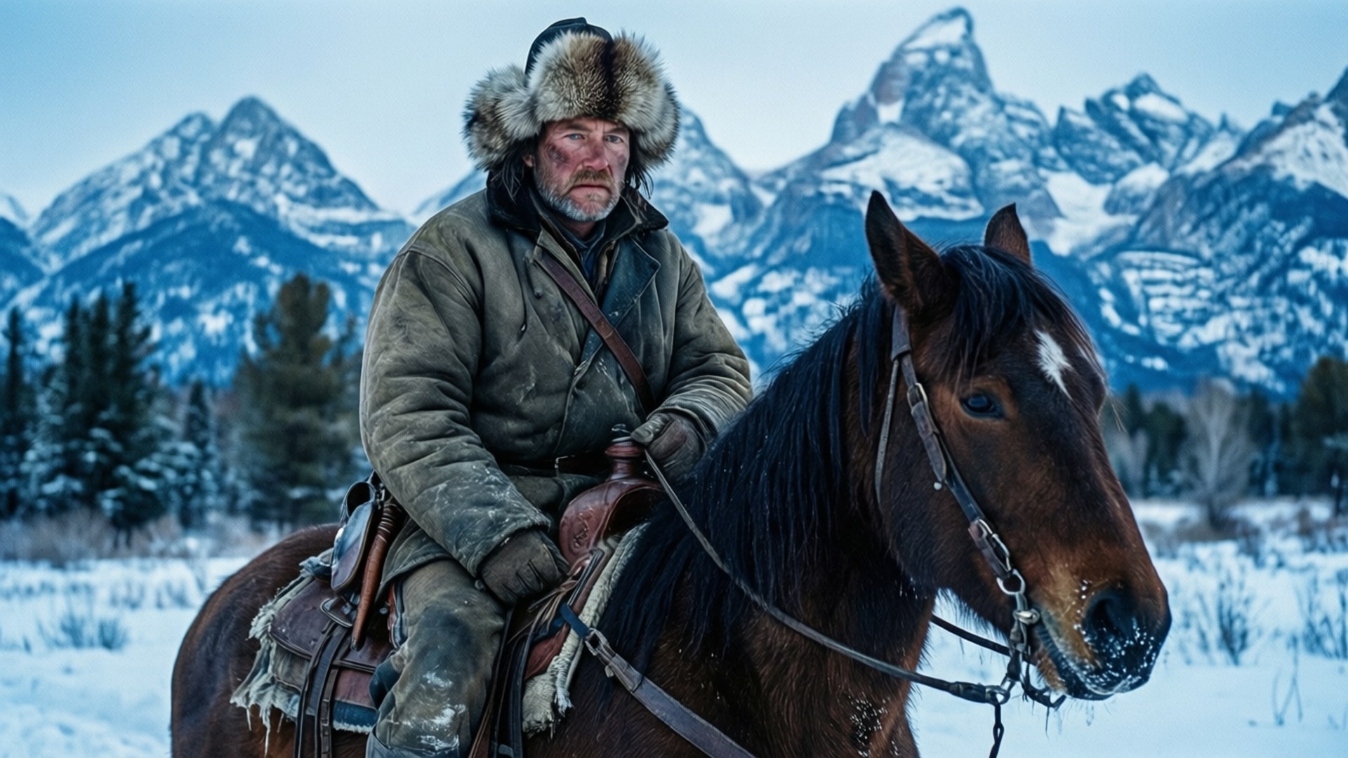 Rip Wheeler in Snow 壁紙 — 一個飽經風霜的男人戴著毛帽，騎著一匹黑馬穿過雪地，背景是鋸齒狀的雪山。