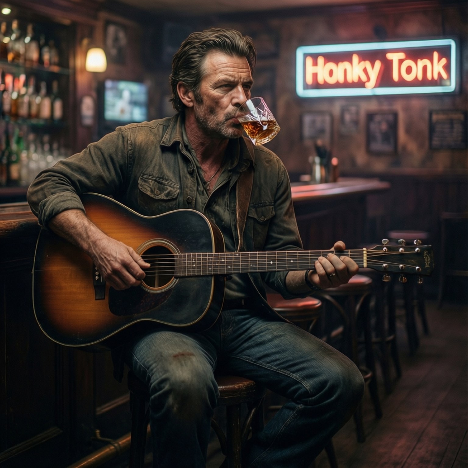 Honky Tonk Bar Scene 壁紙 — 一個飽經風霜的男人在昏暗的酒吧裡，在發光的 'Honky Tonk' 標誌下，一邊喝威士忌一邊彈奏木吉他。