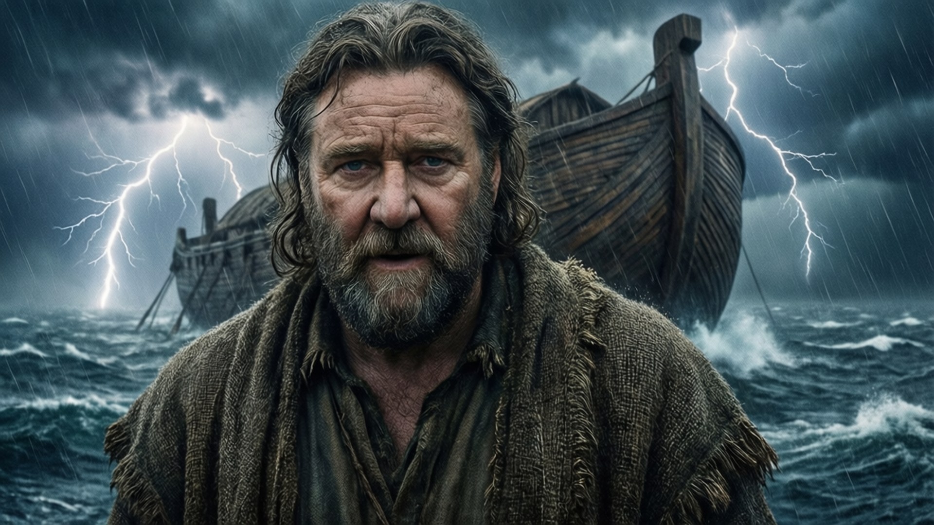 Noah's Ark Storm 壁紙 — 一個飽經風霜、留鬍子的男人嚴肅地凝視著閃電劃過波濤洶湧的大海，海上有木船。
